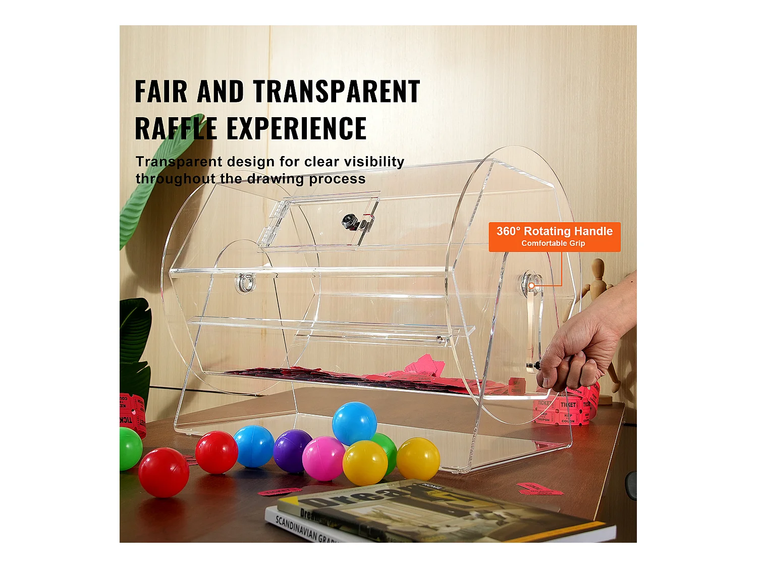 Tombola-Trommel, SucceBuy Tombola-Kasten aus Acryl, 10,000 Lose oder 300 Bingo-Kugeln