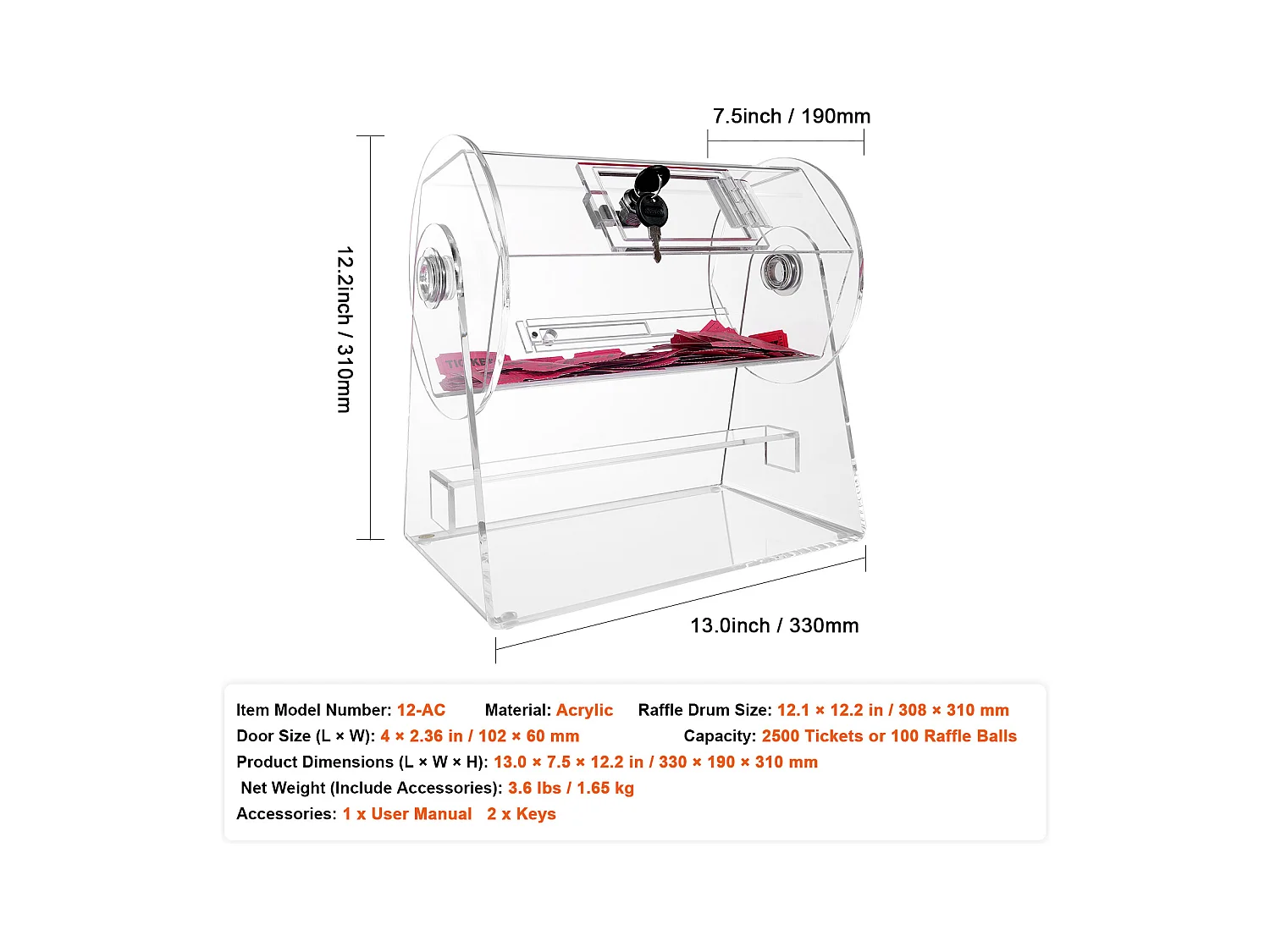 Tombola-Trommel, SucceBuy Tombola-Trommel aus Acryl, Kann 2,500 Lose/100 Bingo-Kugeln Enthalten