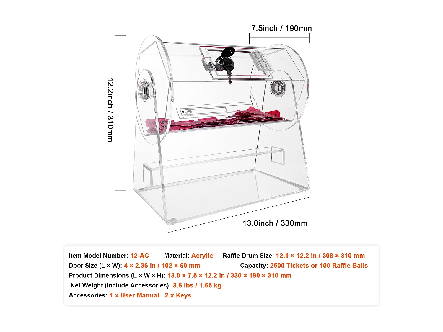 Tambor de Tombola, SucceBuy Tambor de Tombola en Acrílico, Puede Contener 2,500 Boletos/100 Bolas de Bingo