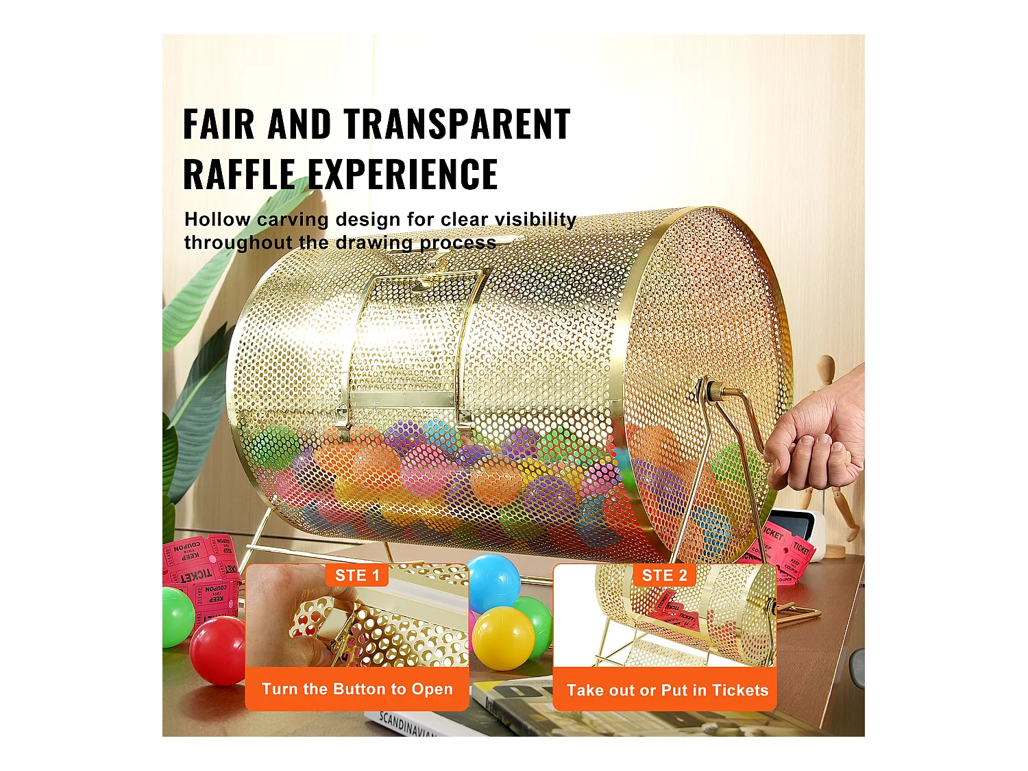 Tambour de Tombola, SucceBuy Tambour de Tombola en Laiton Plaqué, Peut Contenir 10,000 Billets/300 Boules de Bingo