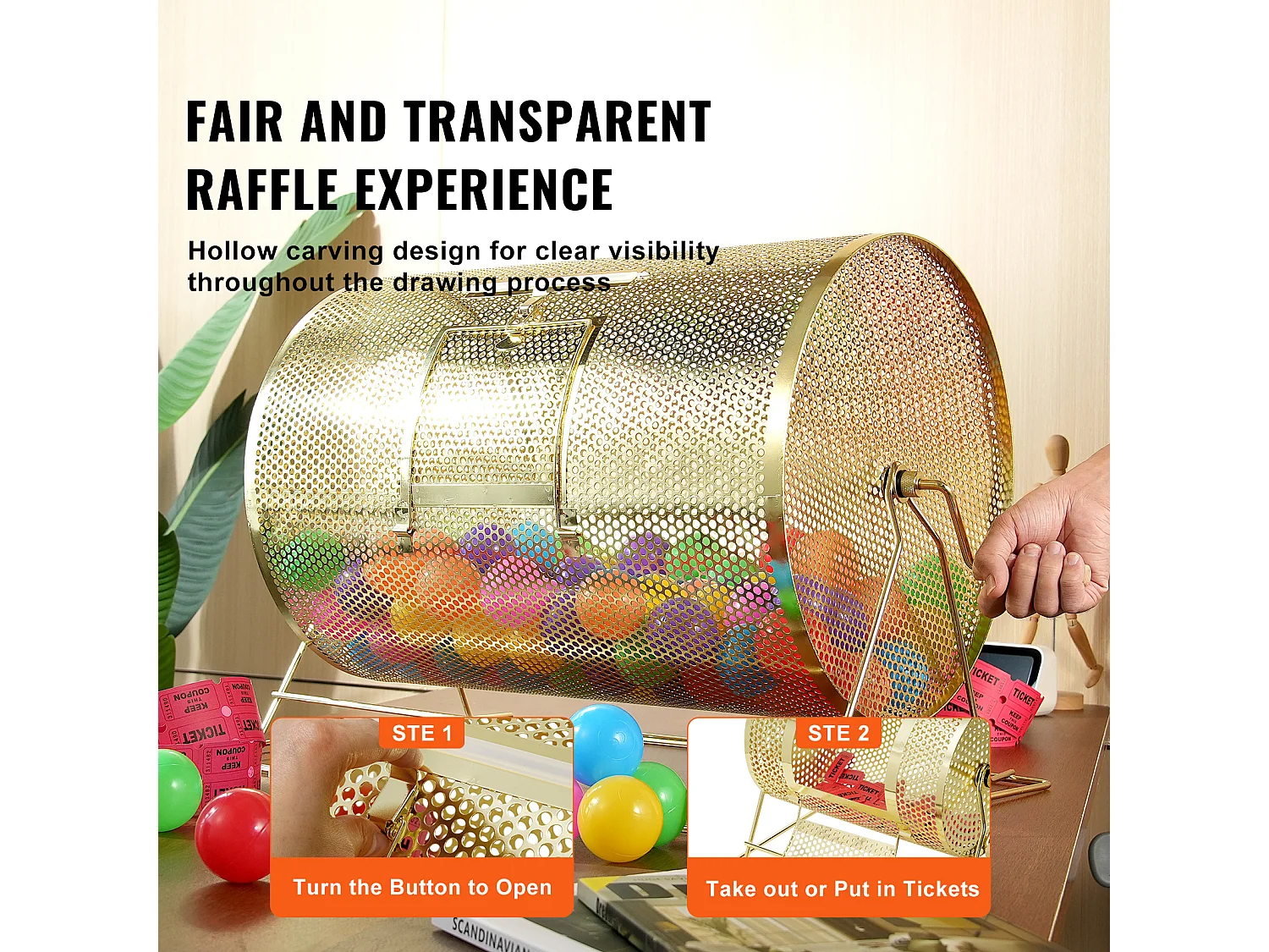 Tamburo di Tombola, SucceBuy Tamburo di Tombola in Ottone Placcato, Può Contenere 10,000 Biglietti/300 Palline da Bingo