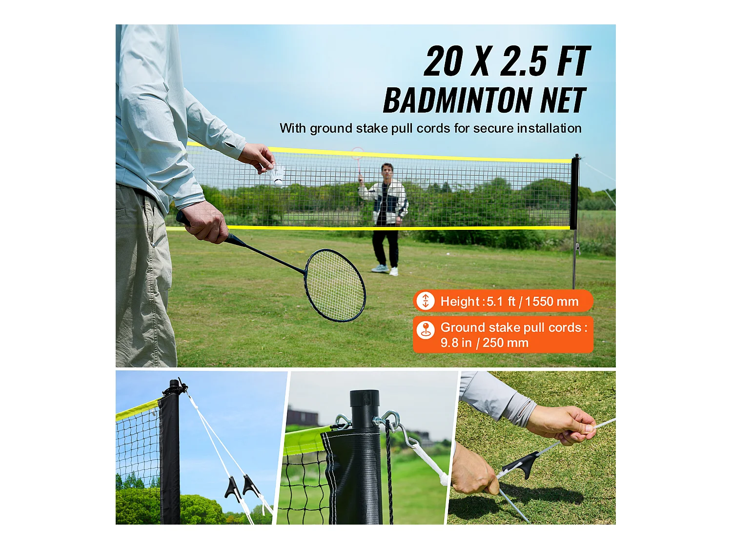Filet de Badminton SucceBuy, Set Filet de Badminton Portable Extérieur avec Raquettes et Volants