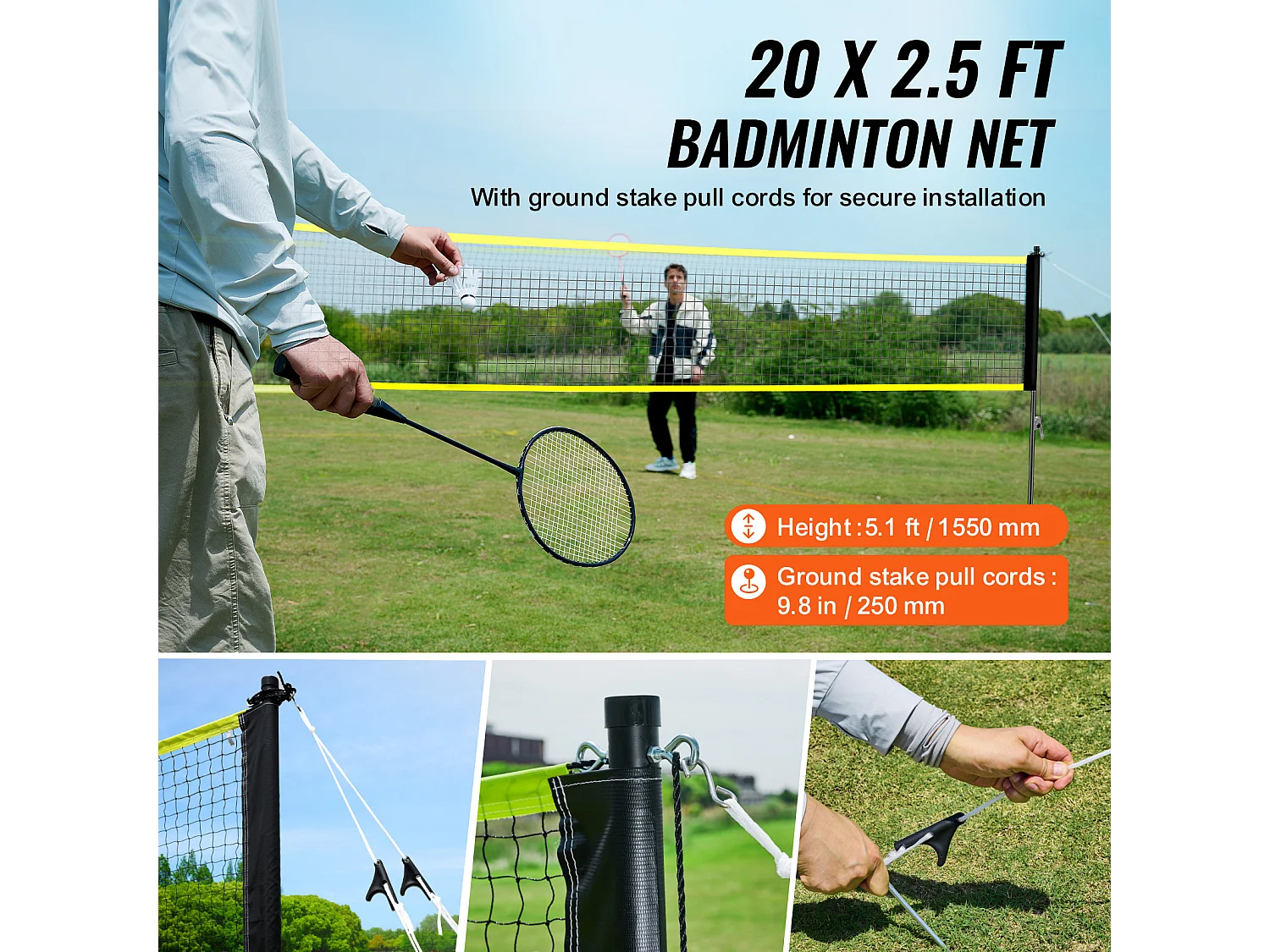 Filet de Badminton SucceBuy, Set Filet de Badminton Portable Extérieur avec Raquettes et Volants