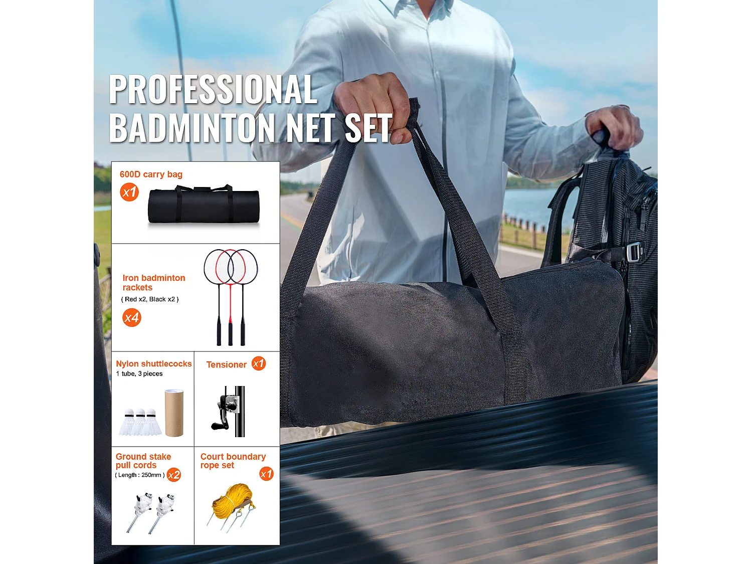Filet de Badminton SucceBuy, Set Filet de Badminton Portable Extérieur avec Raquettes et Volants