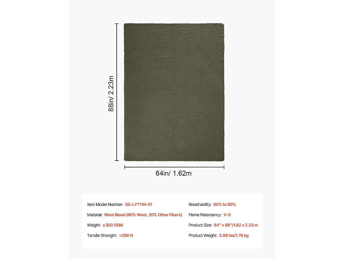 Couverture de Camping en Laine SucceBuy 162.56cm x 223.52cm Vert Armée Chaud pour l'Extérieur