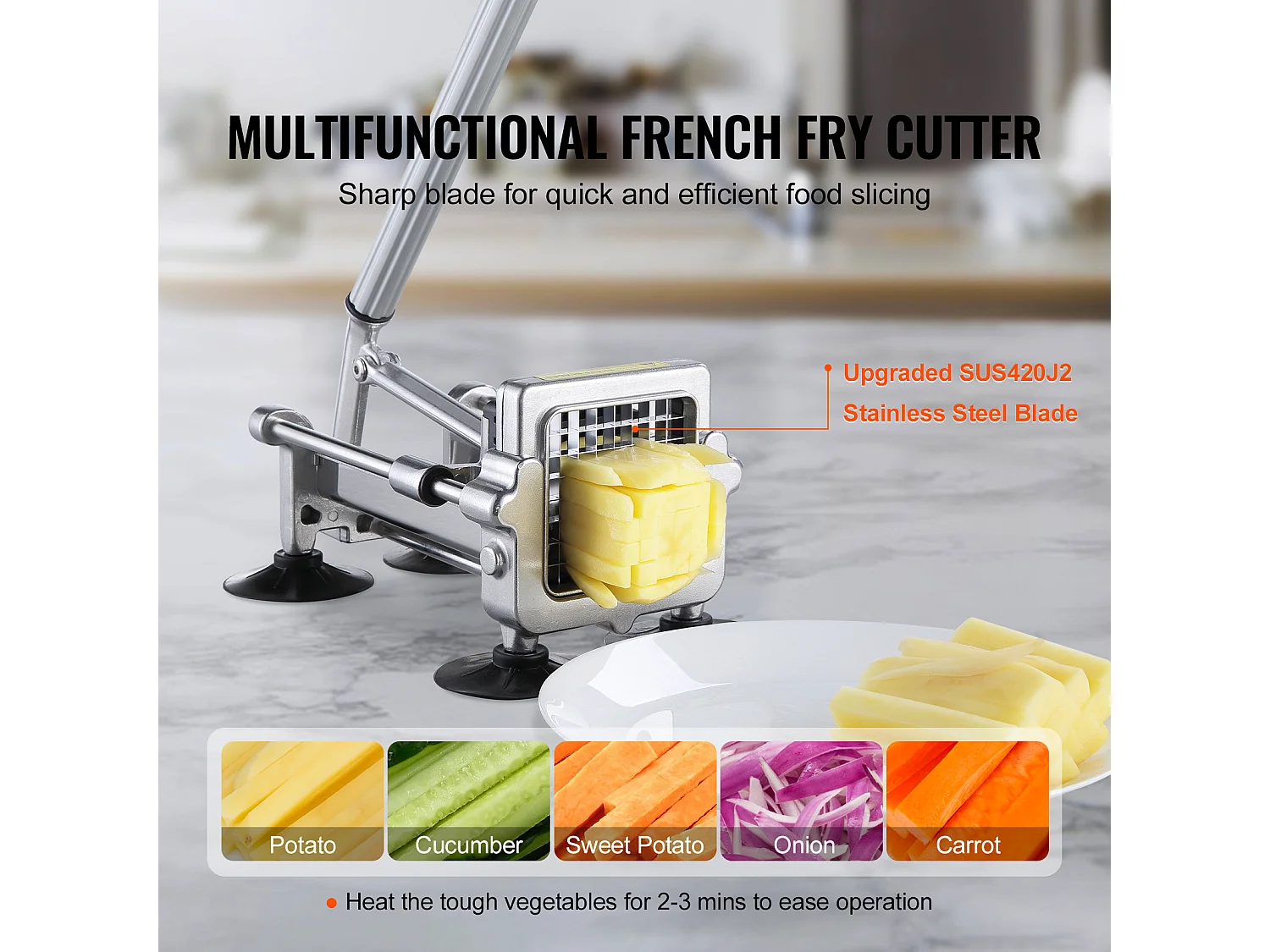 Coupe-frites et Légumes, SucceBuy Coupe-frites, Hachoir à Pommes de Terre et Légumes en Acier Inoxydable avec 3 Lames