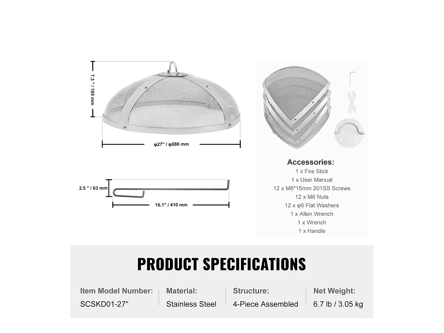 Couvercle de Protection SucceBuy de 69cm pour Foyer à Bois, Couvercle en Acier Inoxydable, Couvercle de Foyer Extérieur avec Écran Supérieur à Ouverture Facile