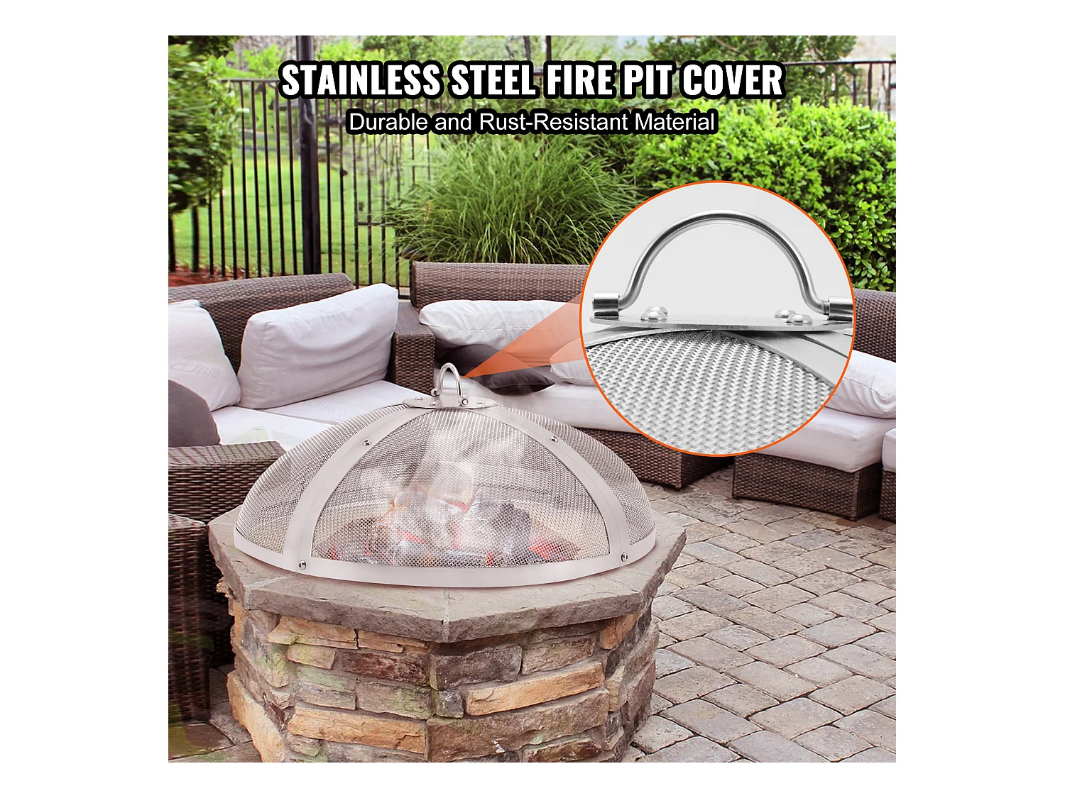 Couvercle de Protection SucceBuy de 69cm pour Foyer à Bois, Couvercle en Acier Inoxydable, Couvercle de Foyer Extérieur avec Écran Supérieur à Ouverture Facile