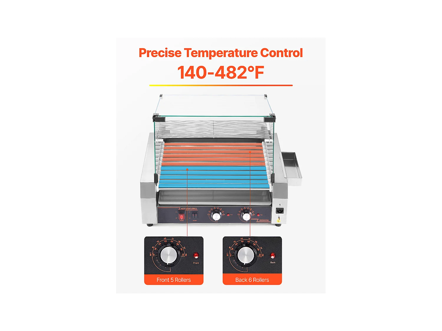 Machine à Hot-Dogs Commerciale SucceBuy, avec 11 Rouleaux et Étagère Amovible, Grille en Acier Inoxydable, Contrôle de Température Indépendant