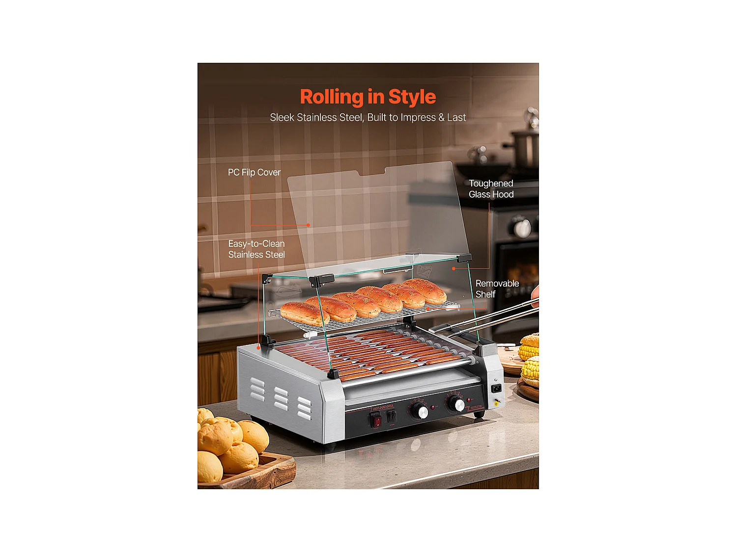 Machine à Hot-Dogs Commerciale SucceBuy, avec 11 Rouleaux et Étagère Amovible, Grille en Acier Inoxydable, Contrôle de Température Indépendant