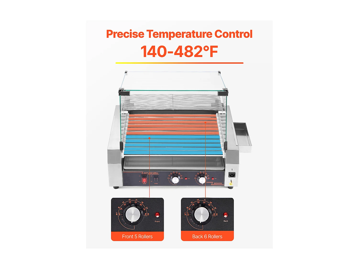 Machine à Hot-Dogs Commerciale SucceBuy, avec 11 Rouleaux et Étagère Amovible, Grille en Acier Inoxydable, Contrôle de Température Indépendant