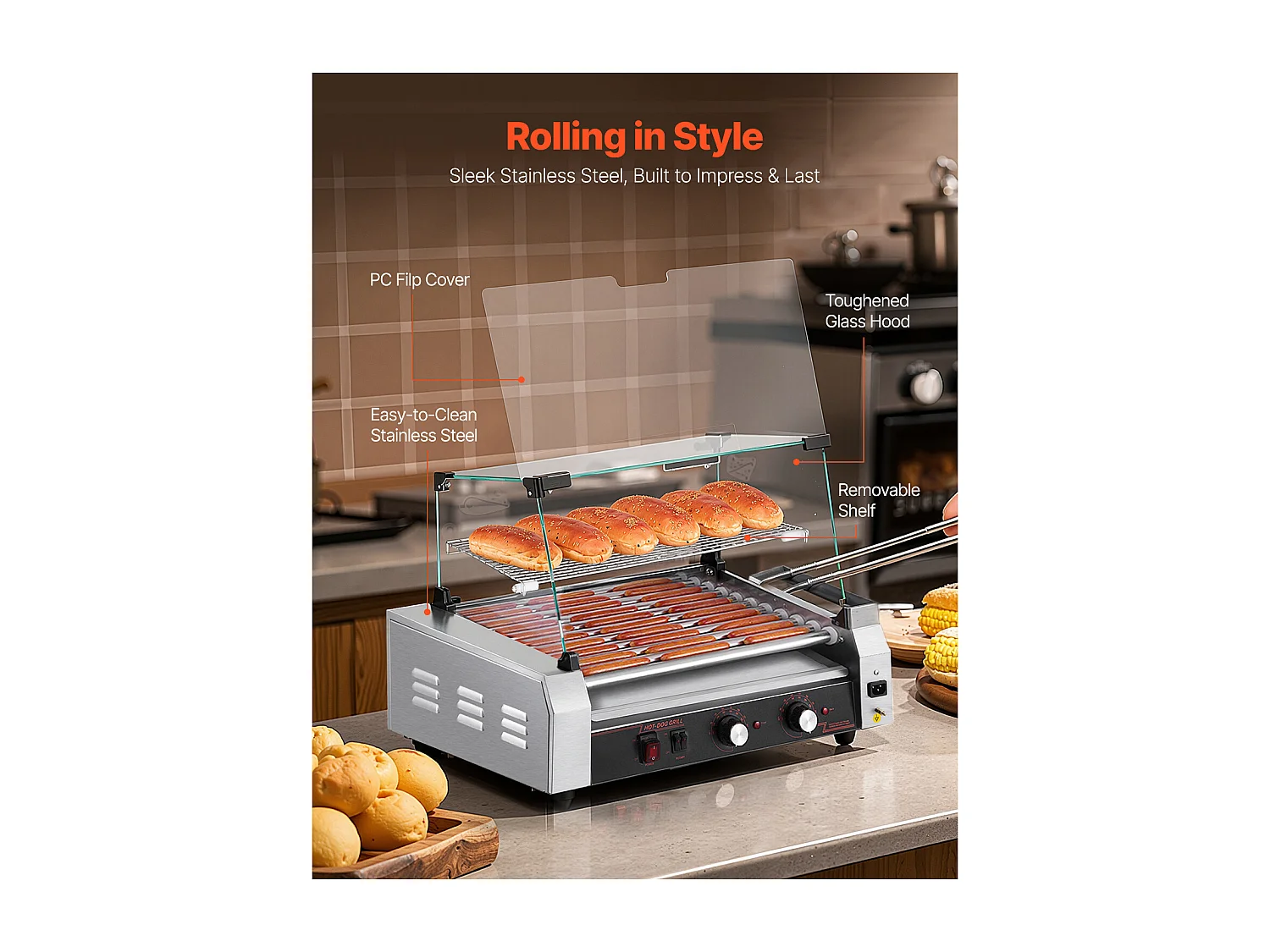 Machine à Hot-Dogs Commerciale SucceBuy, avec 11 Rouleaux et Étagère Amovible, Grille en Acier Inoxydable, Contrôle de Température Indépendant