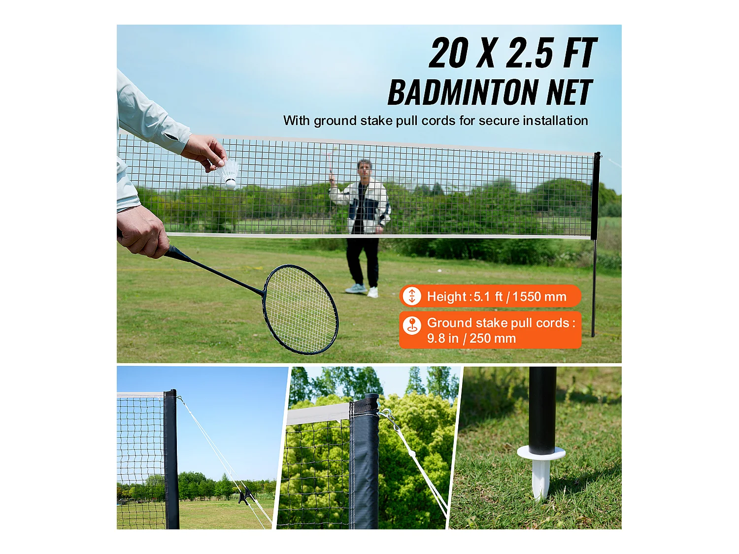 Filet de Badminton SucceBuy, Set Filet de Badminton Portable Extérieur avec Raquettes et Volants