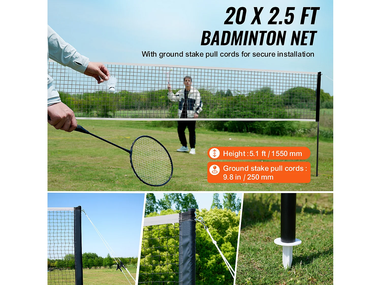 Filet de Badminton SucceBuy, Set Filet de Badminton Portable Extérieur avec Raquettes et Volants