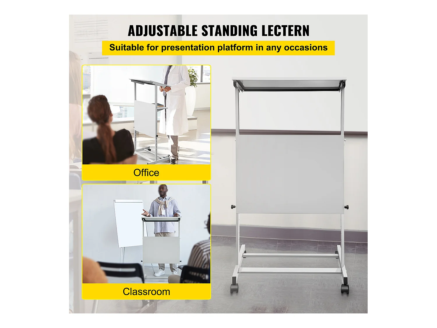 Support de Podium SucceBuy, Pupitre Portable avec 4 Roulettes, Support de Podium Réglable en Hauteur, Étagère de Rangement Inférieure