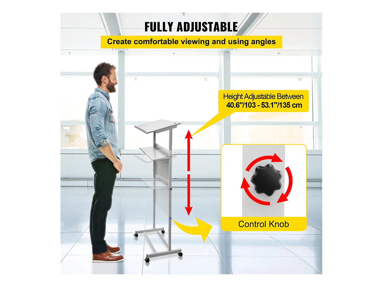 Support de Podium SucceBuy, Pupitre Portable avec 4 Roulettes, Support de Podium Réglable en Hauteur, Étagère de Rangement Inférieure