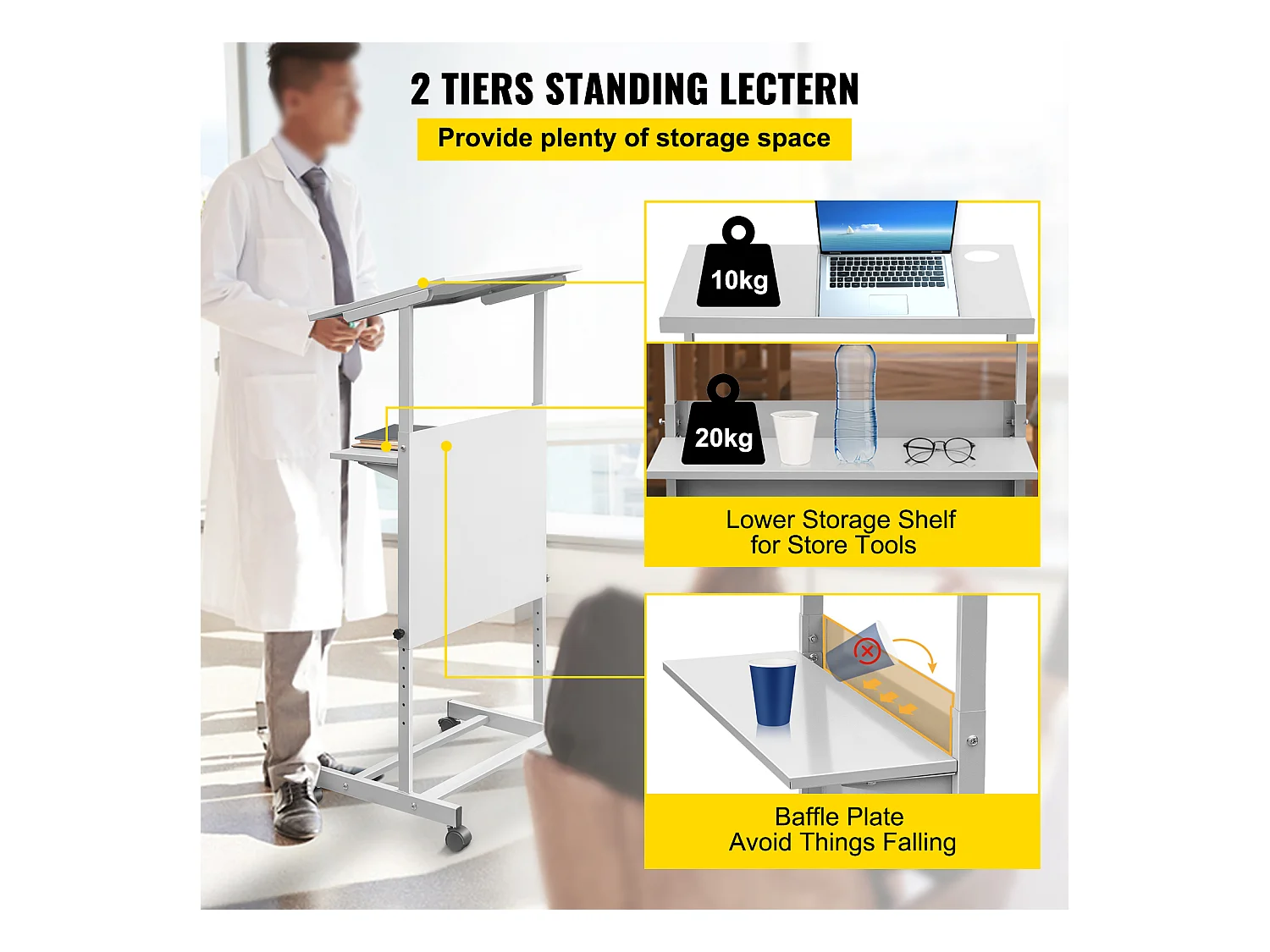Support de Podium SucceBuy, Pupitre Portable avec 4 Roulettes, Support de Podium Réglable en Hauteur, Étagère de Rangement Inférieure