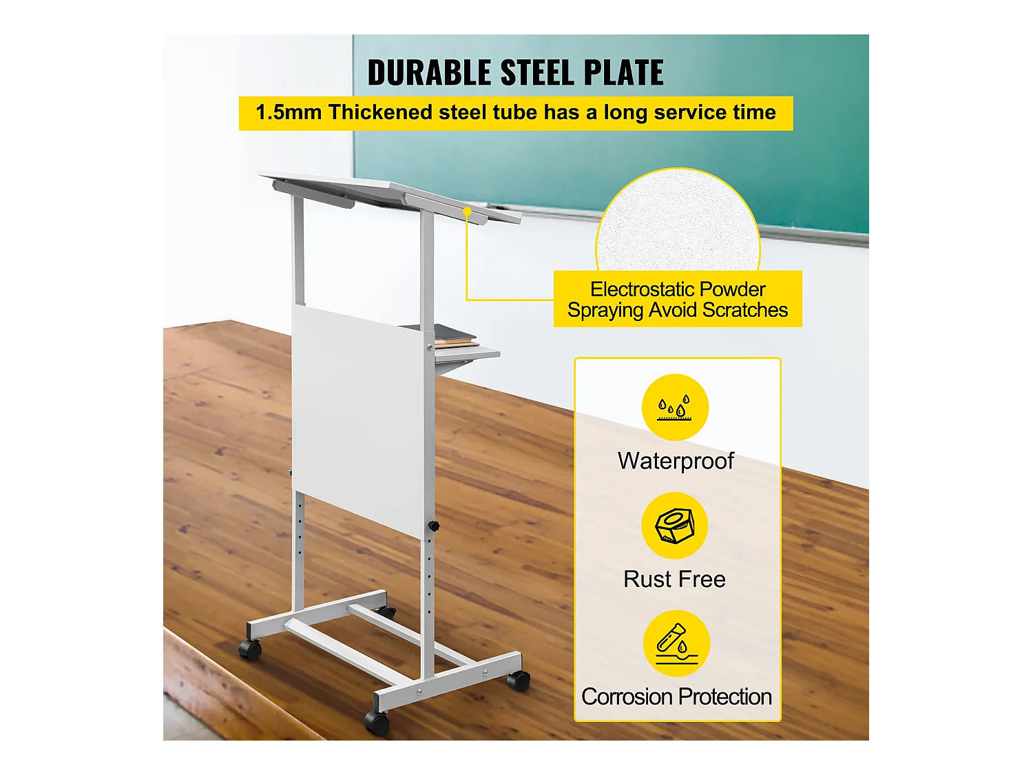 Support de Podium SucceBuy, Pupitre Portable avec 4 Roulettes, Support de Podium Réglable en Hauteur, Étagère de Rangement Inférieure