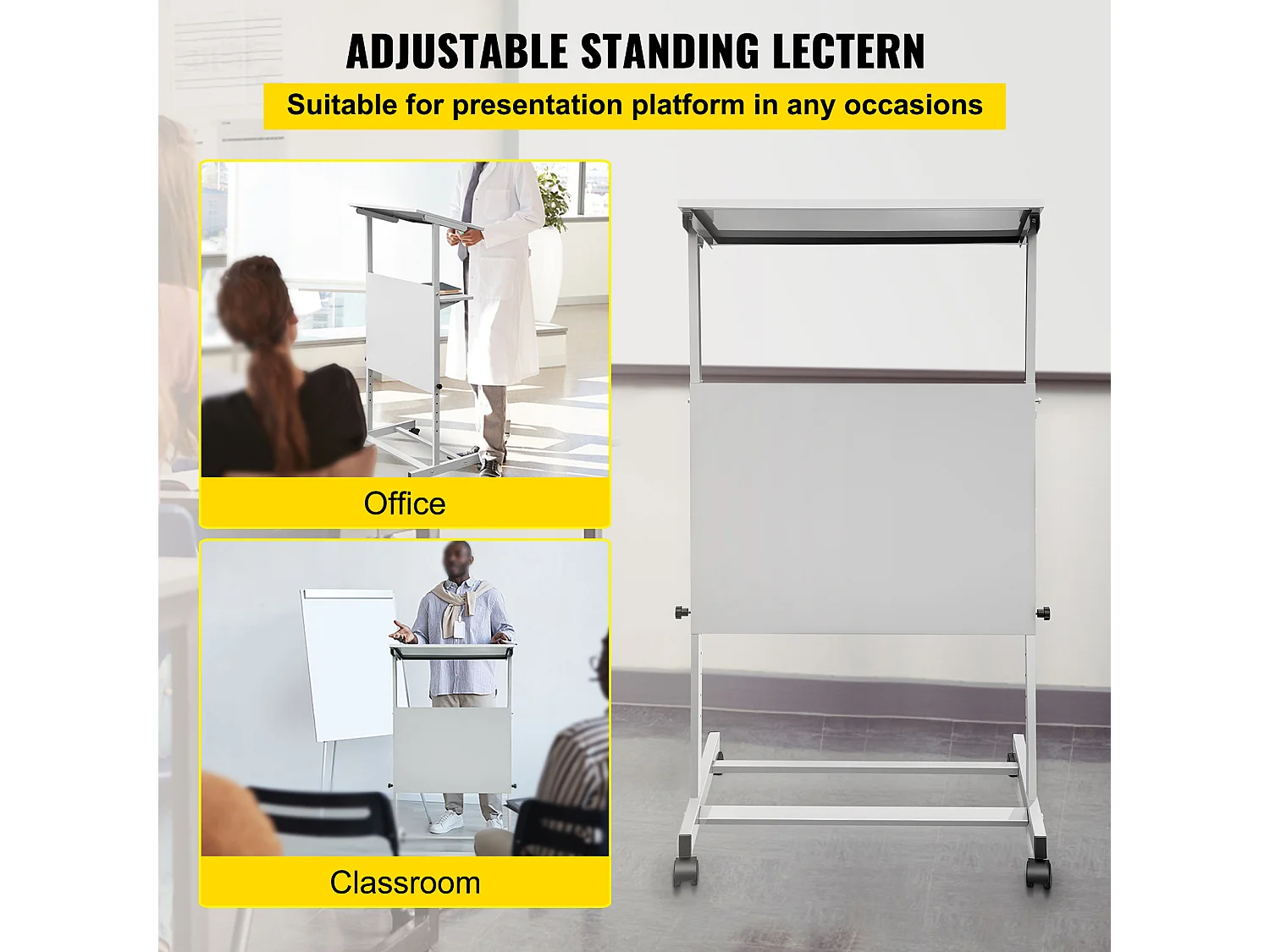 Support de Podium SucceBuy, Pupitre Portable avec 4 Roulettes, Support de Podium Réglable en Hauteur, Étagère de Rangement Inférieure