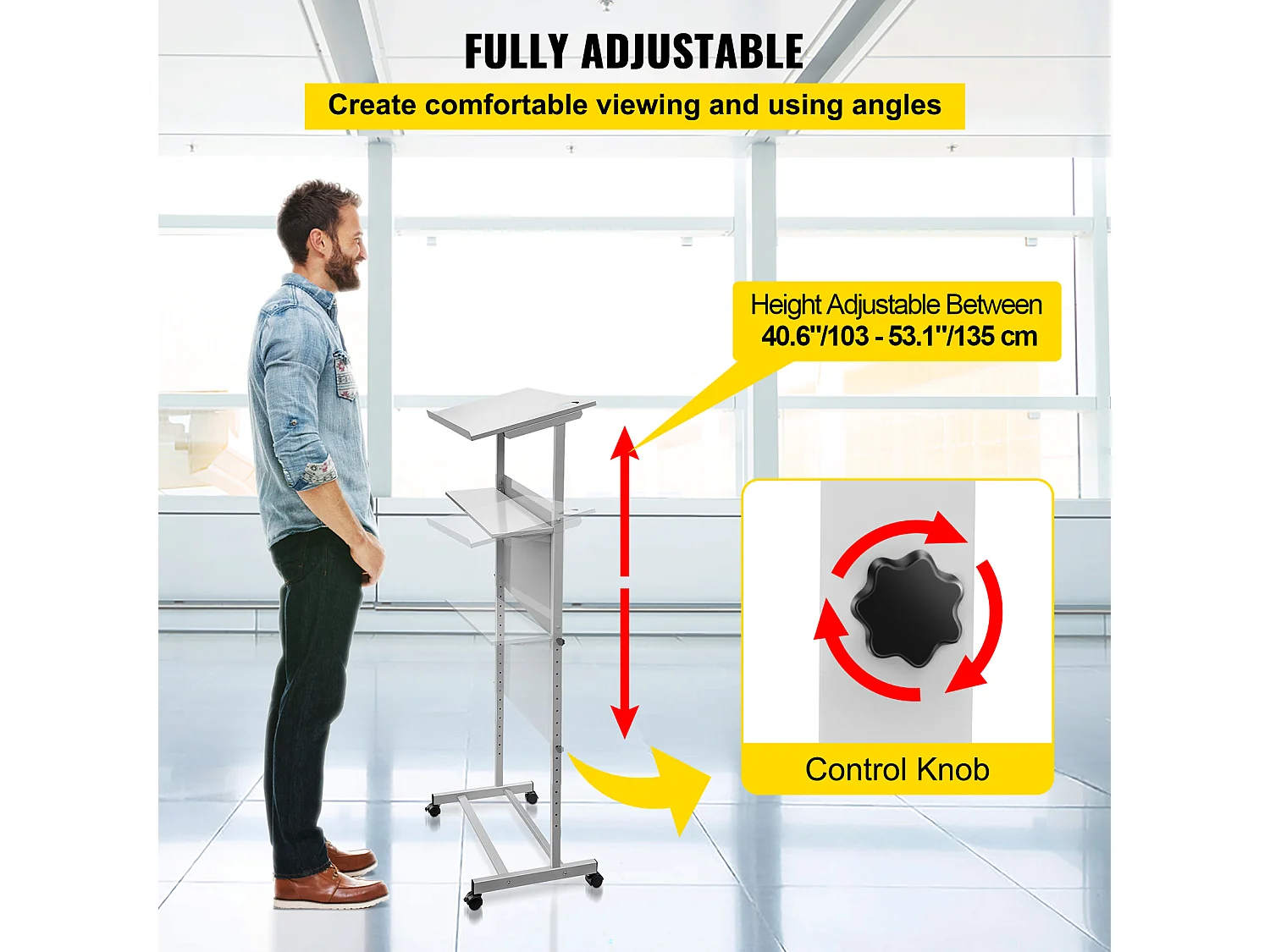 Support de Podium SucceBuy, Pupitre Portable avec 4 Roulettes, Support de Podium Réglable en Hauteur, Étagère de Rangement Inférieure