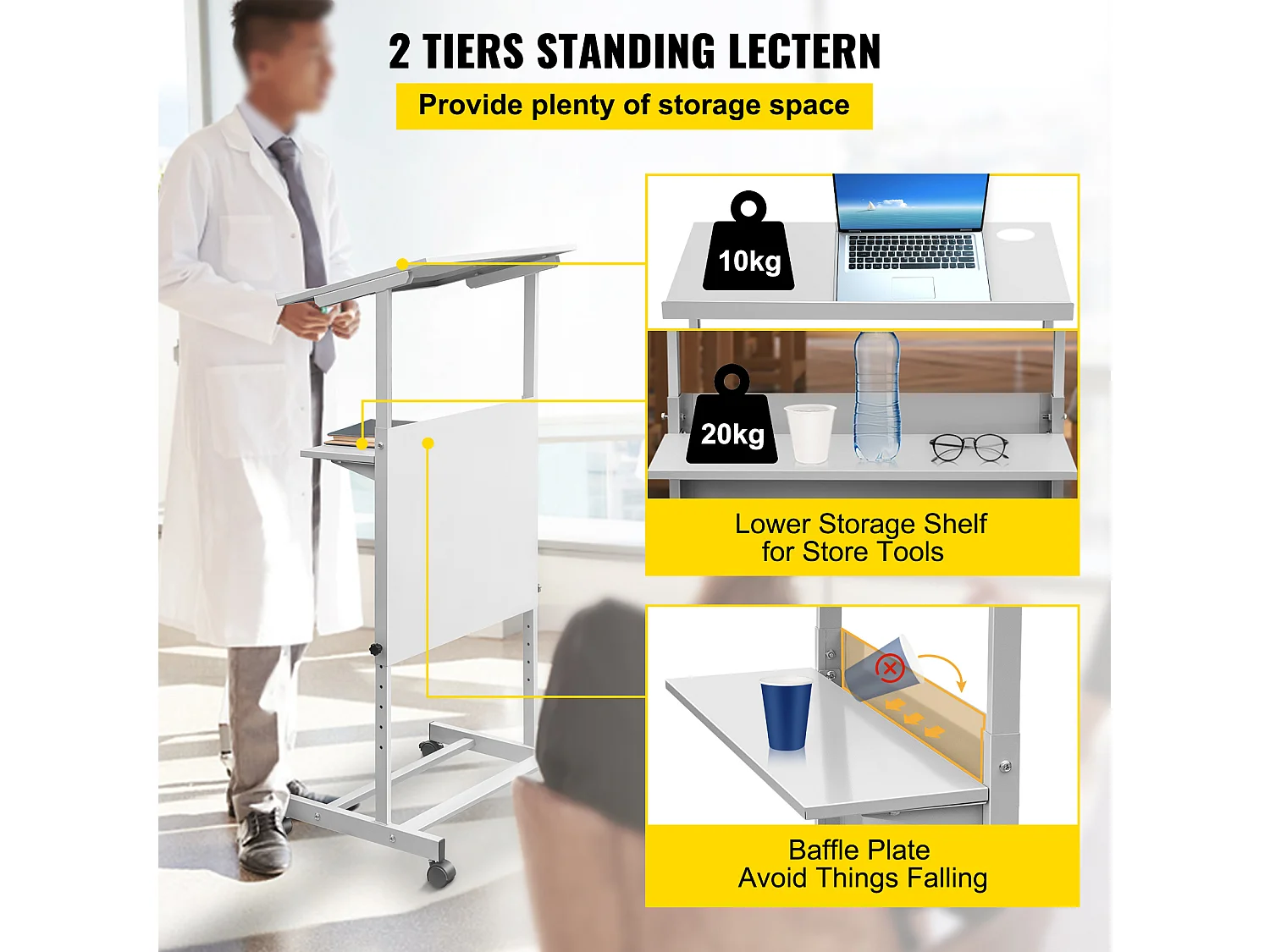 Support de Podium SucceBuy, Pupitre Portable avec 4 Roulettes, Support de Podium Réglable en Hauteur, Étagère de Rangement Inférieure