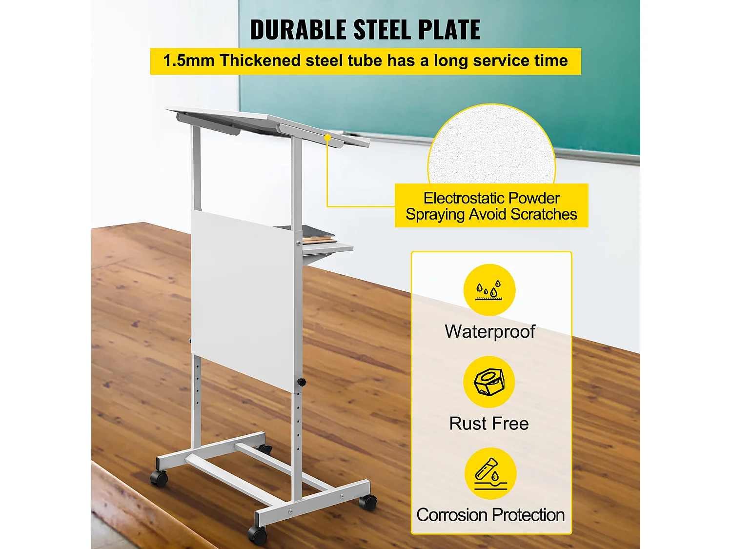 Support de Podium SucceBuy, Pupitre Portable avec 4 Roulettes, Support de Podium Réglable en Hauteur, Étagère de Rangement Inférieure