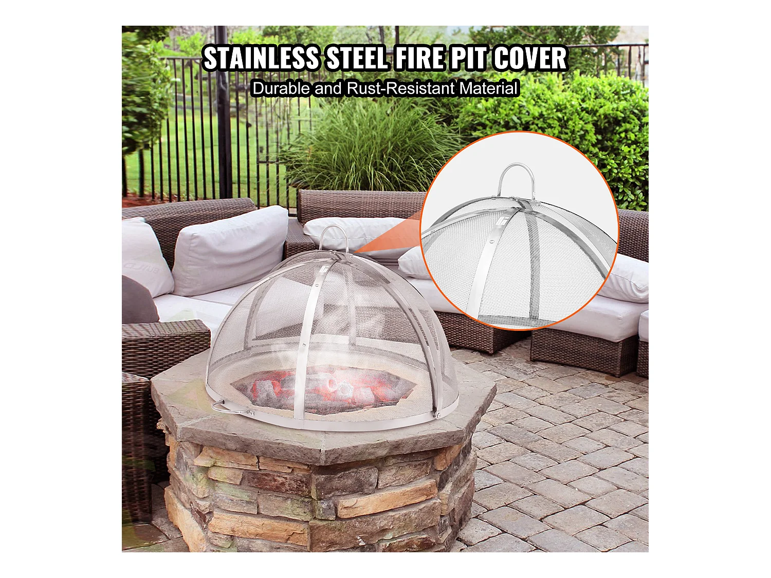 Couvercle de Protection SucceBuy Anti-Étincelles pour Foyer Rond à Bois de 102cm en Acier Inoxydable, Couvercle Rond pour Anneau de Foyer Extérieur