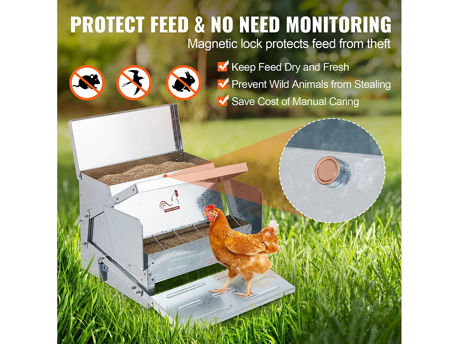 Comedero Automático SucceBuy para Pollos, Acero Galvanizado, Capacidad de 11 kg, para 10 Pollos