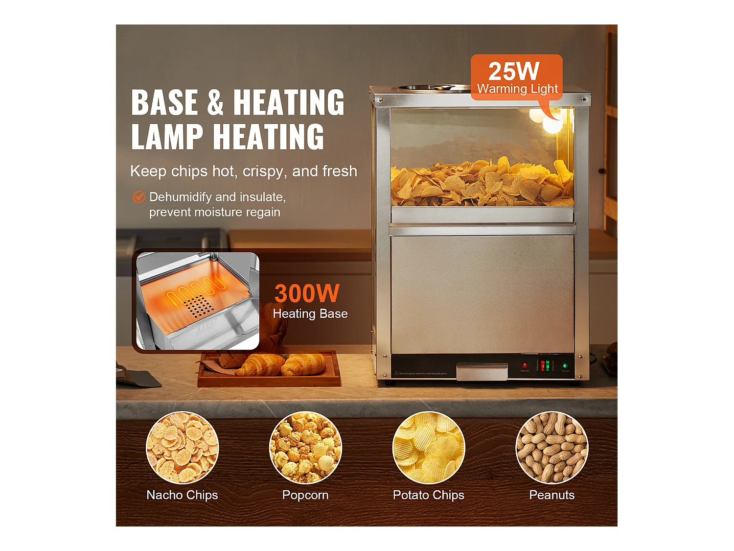 Vitrine Chauffante SucceBuy, Chauffe-Chips Nachos 80L, Haute Qualité et Pratique, Acier inoxydable, Base Chauffante et Lampe Chauffante