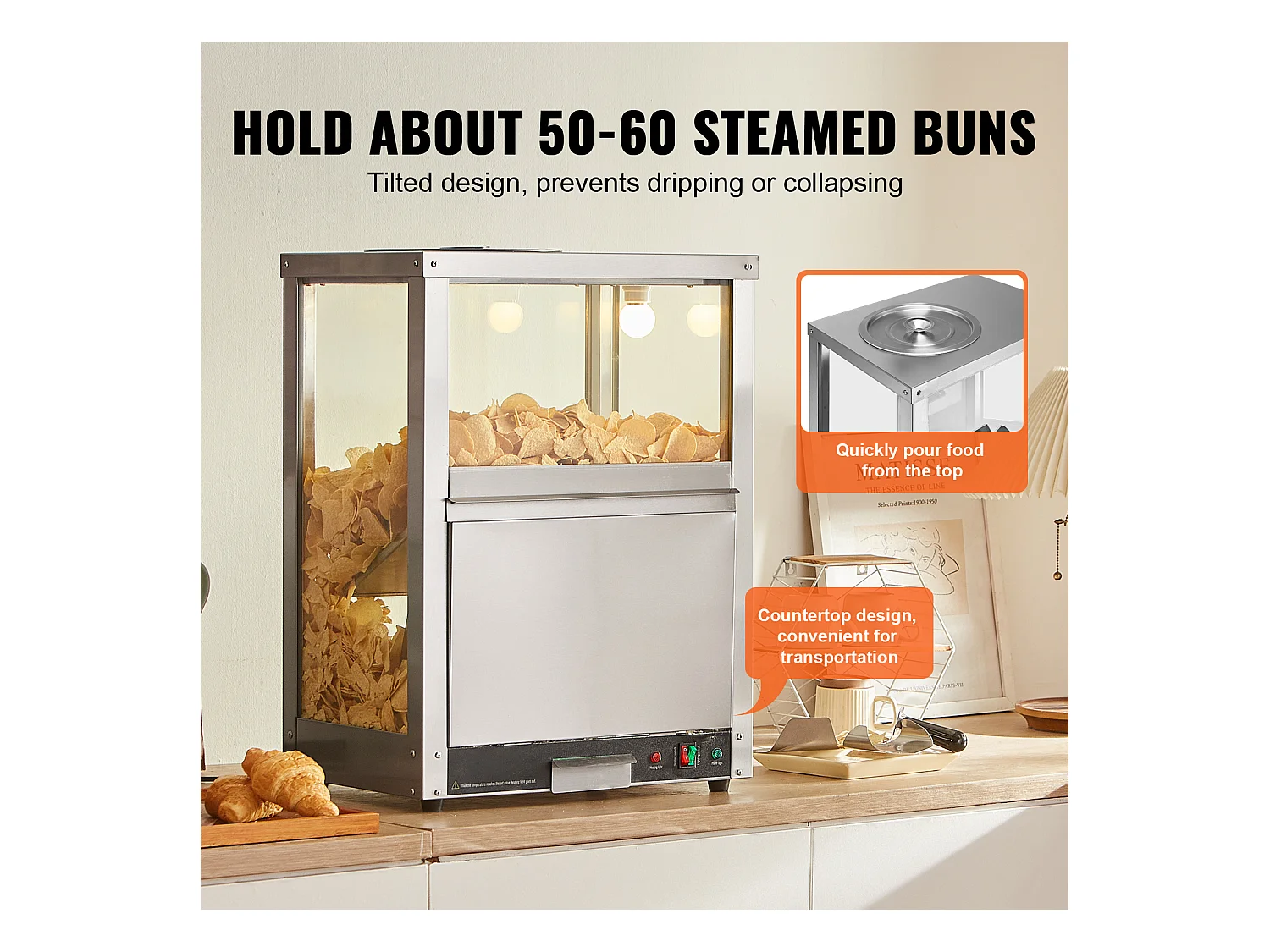 Vitrine Chauffante SucceBuy, Chauffe-Chips Nachos 80L, Haute Qualité et Pratique, Acier inoxydable, Base Chauffante et Lampe Chauffante