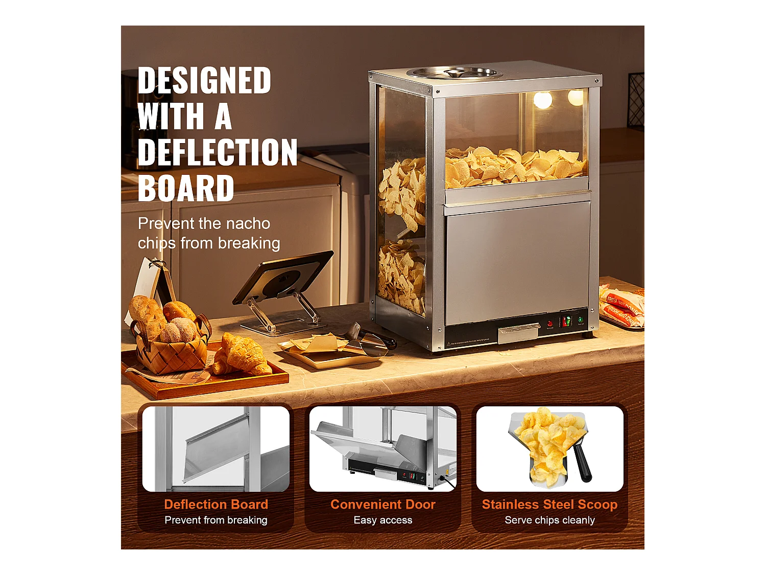 Vitrine Chauffante SucceBuy, Chauffe-Chips Nachos 80L, Haute Qualité et Pratique, Acier inoxydable, Base Chauffante et Lampe Chauffante