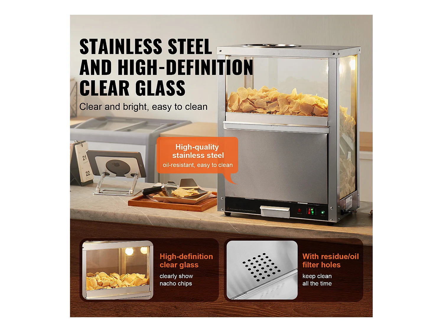 Vitrine Chauffante SucceBuy, Chauffe-Chips Nachos 80L, Haute Qualité et Pratique, Acier inoxydable, Base Chauffante et Lampe Chauffante