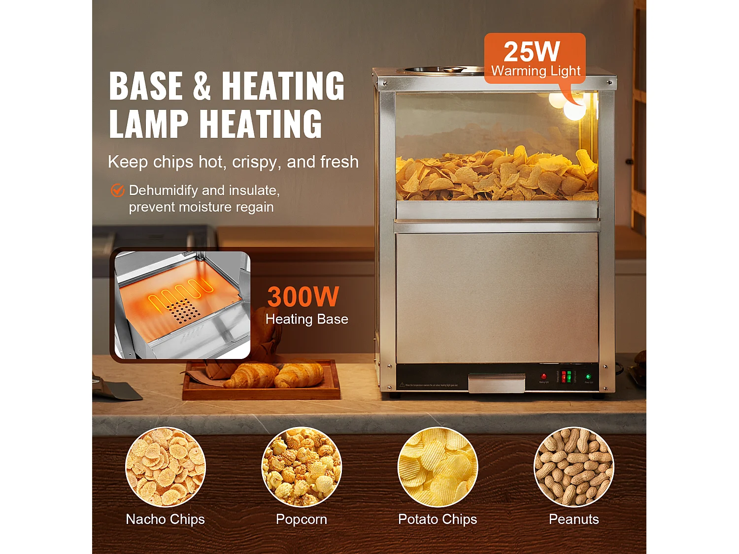 Vitrine Chauffante SucceBuy, Chauffe-Chips Nachos 80L, Haute Qualité et Pratique, Acier inoxydable, Base Chauffante et Lampe Chauffante