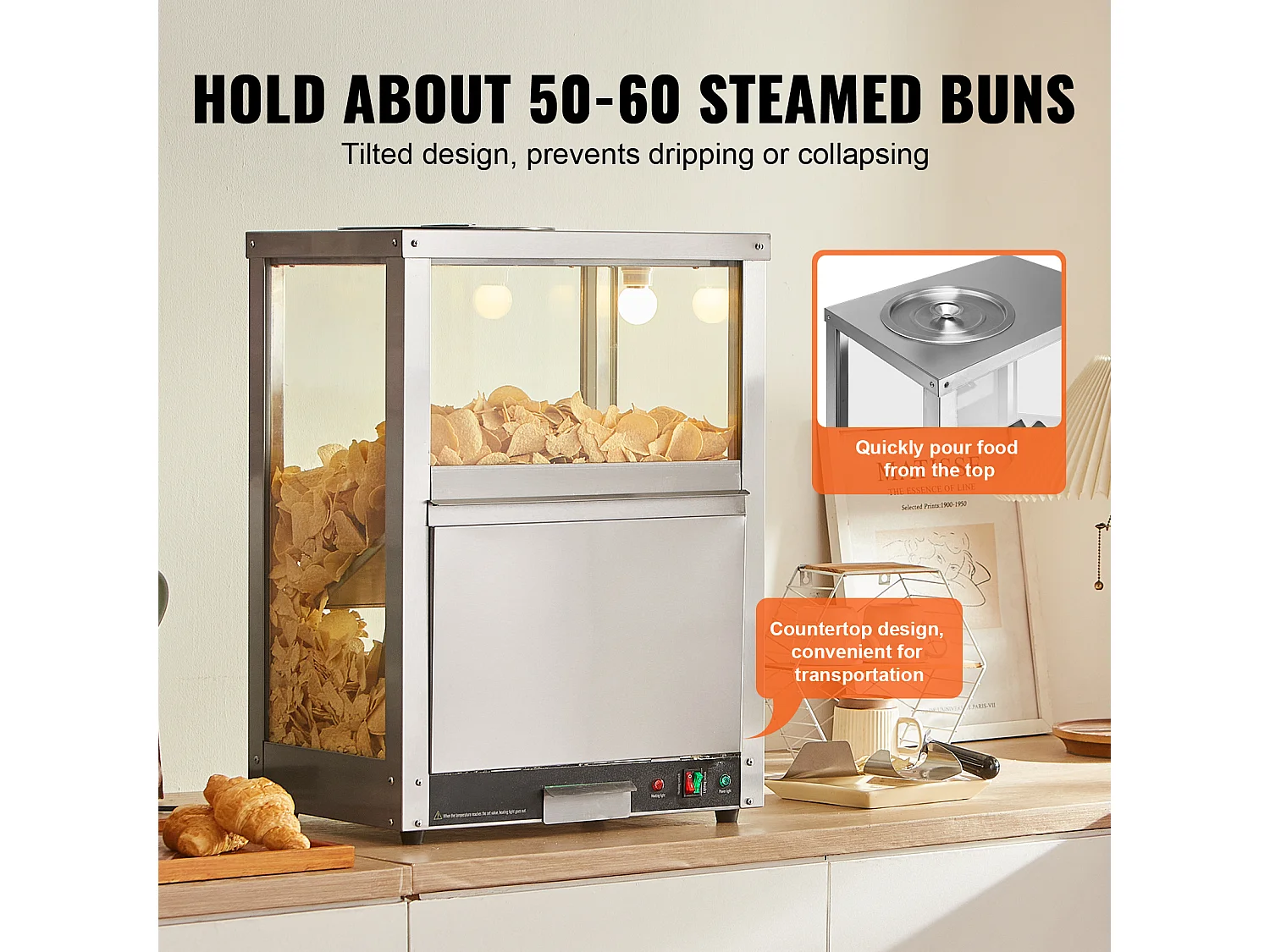 Vitrine Chauffante SucceBuy, Chauffe-Chips Nachos 80L, Haute Qualité et Pratique, Acier inoxydable, Base Chauffante et Lampe Chauffante