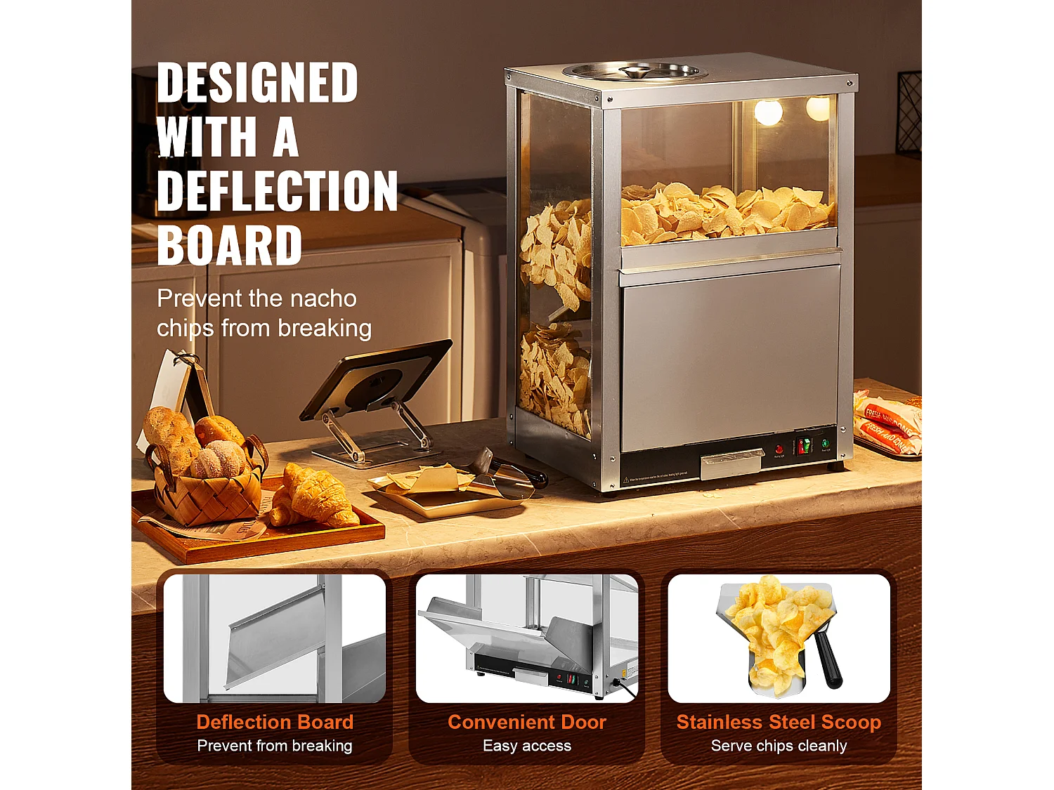 Vitrine Chauffante SucceBuy, Chauffe-Chips Nachos 80L, Haute Qualité et Pratique, Acier inoxydable, Base Chauffante et Lampe Chauffante