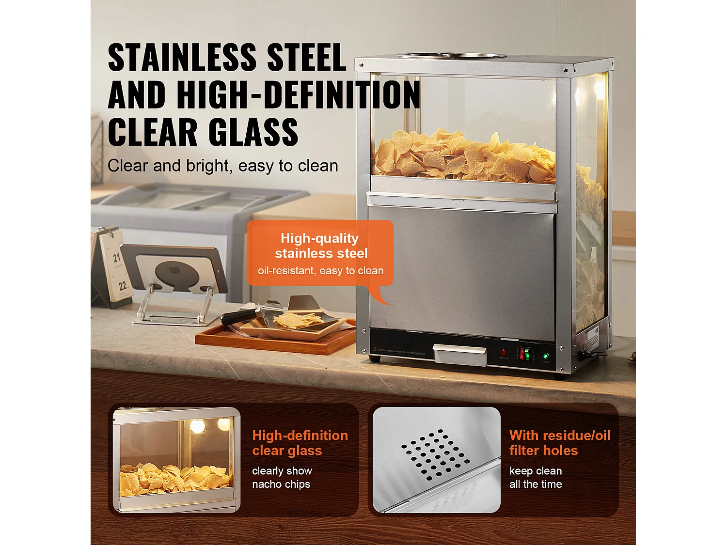 Vitrine Chauffante SucceBuy, Chauffe-Chips Nachos 80L, Haute Qualité et Pratique, Acier inoxydable, Base Chauffante et Lampe Chauffante