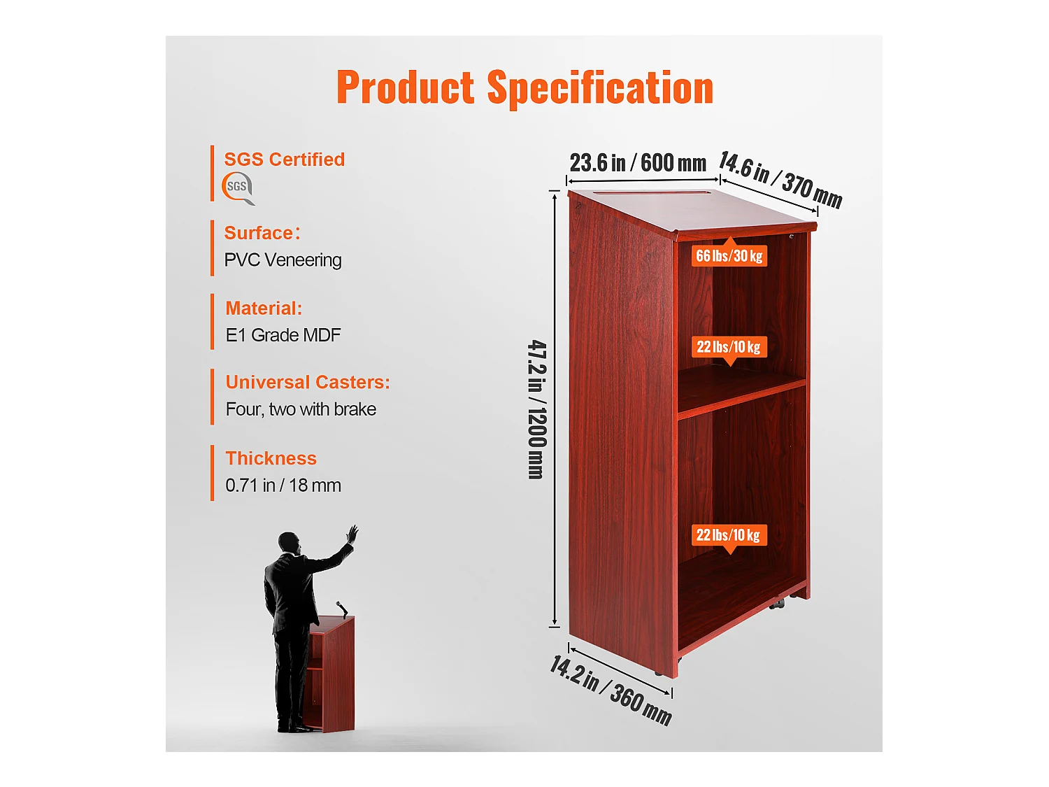 Support de Podium SucceBuy, Support d'Hôtesse de 120 cm avec 4 Roulettes, Podium en Bois avec Étagères de Rangement Réglables