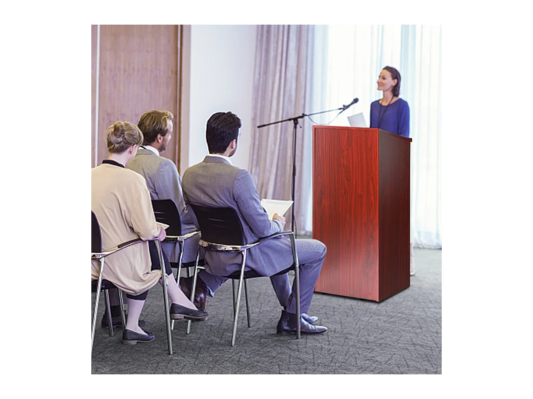 Support de Podium SucceBuy, Support d'Hôtesse de 120 cm avec 4 Roulettes, Podium en Bois avec Étagères de Rangement Réglables