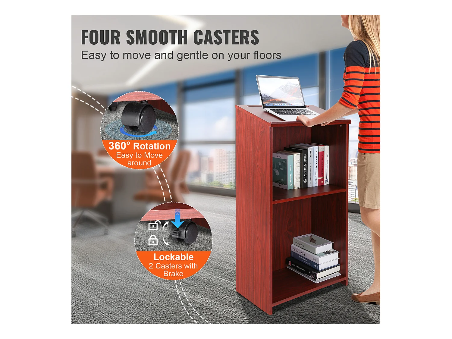 Support de Podium SucceBuy, Support d'Hôtesse de 120 cm avec 4 Roulettes, Podium en Bois avec Étagères de Rangement Réglables