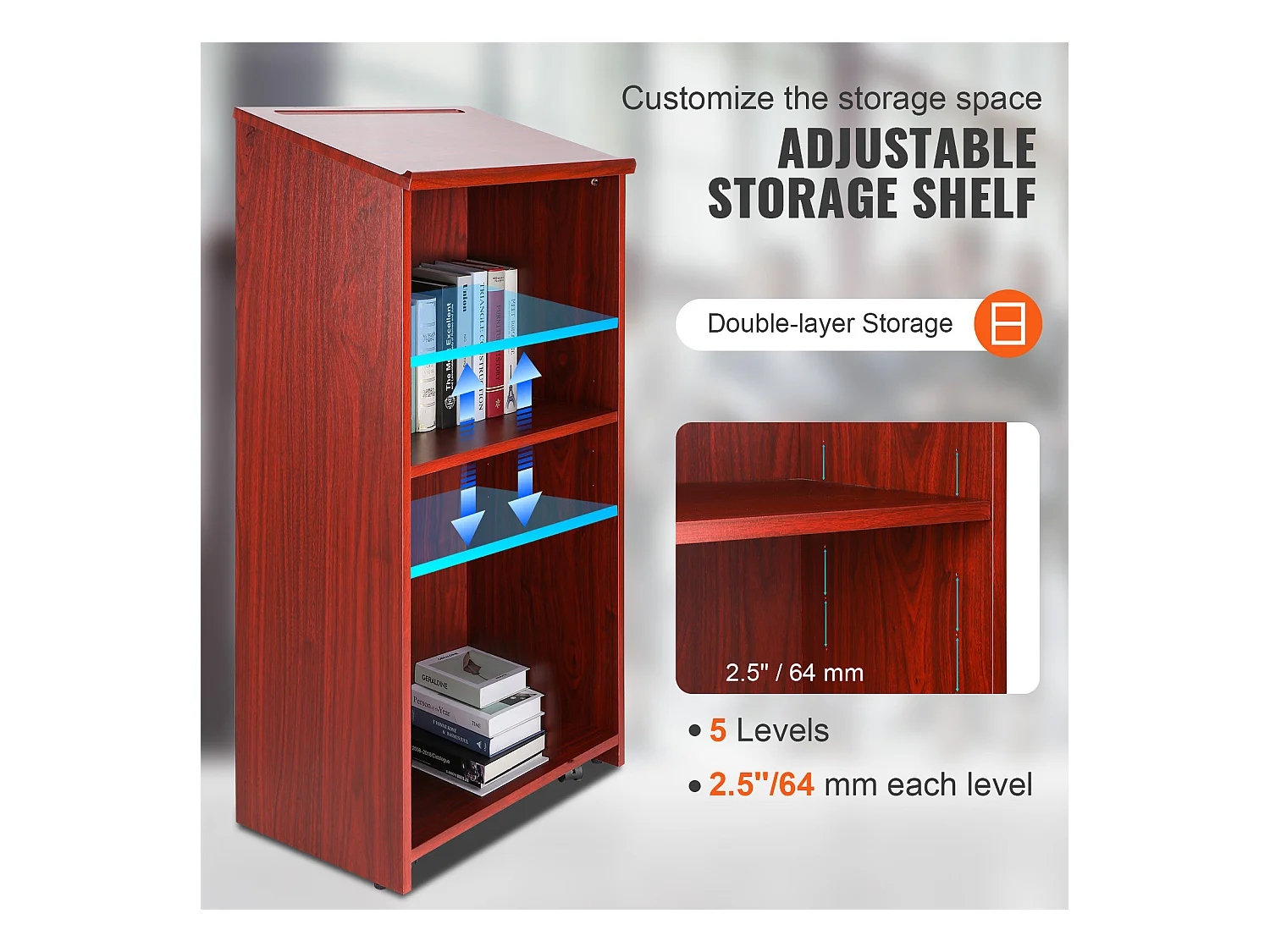 Support de Podium SucceBuy, Support d'Hôtesse de 120 cm avec 4 Roulettes, Podium en Bois avec Étagères de Rangement Réglables