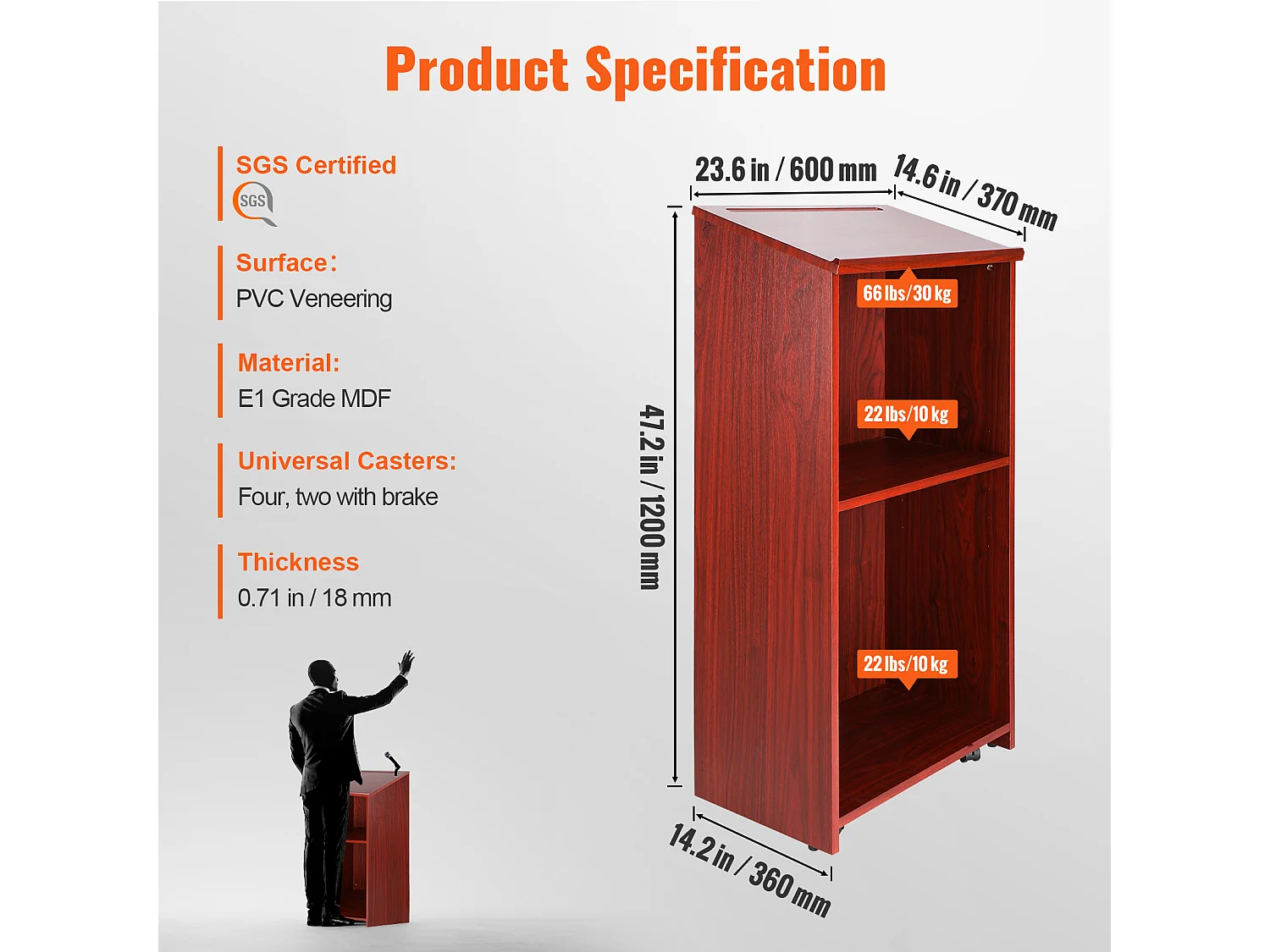 Support de Podium SucceBuy, Support d'Hôtesse de 120 cm avec 4 Roulettes, Podium en Bois avec Étagères de Rangement Réglables