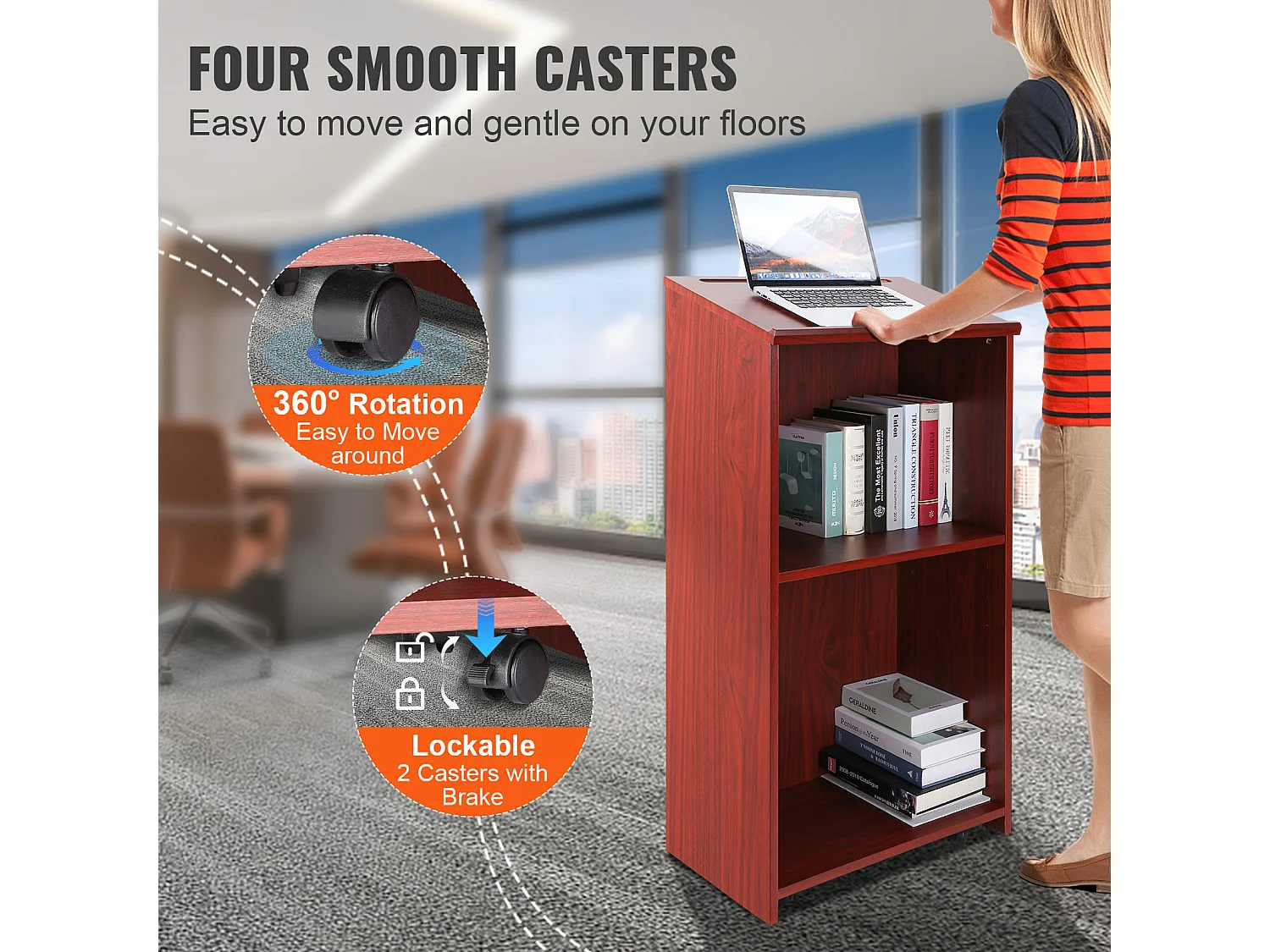 Support de Podium SucceBuy, Support d'Hôtesse de 120 cm avec 4 Roulettes, Podium en Bois avec Étagères de Rangement Réglables