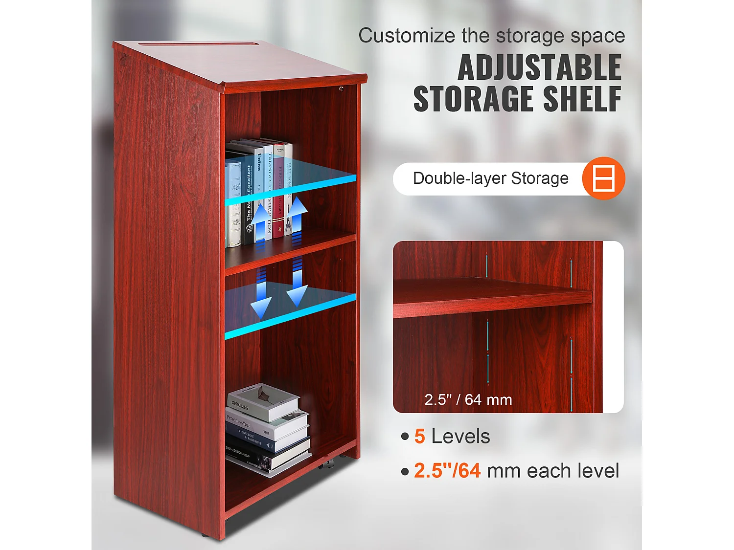 Support de Podium SucceBuy, Support d'Hôtesse de 120 cm avec 4 Roulettes, Podium en Bois avec Étagères de Rangement Réglables