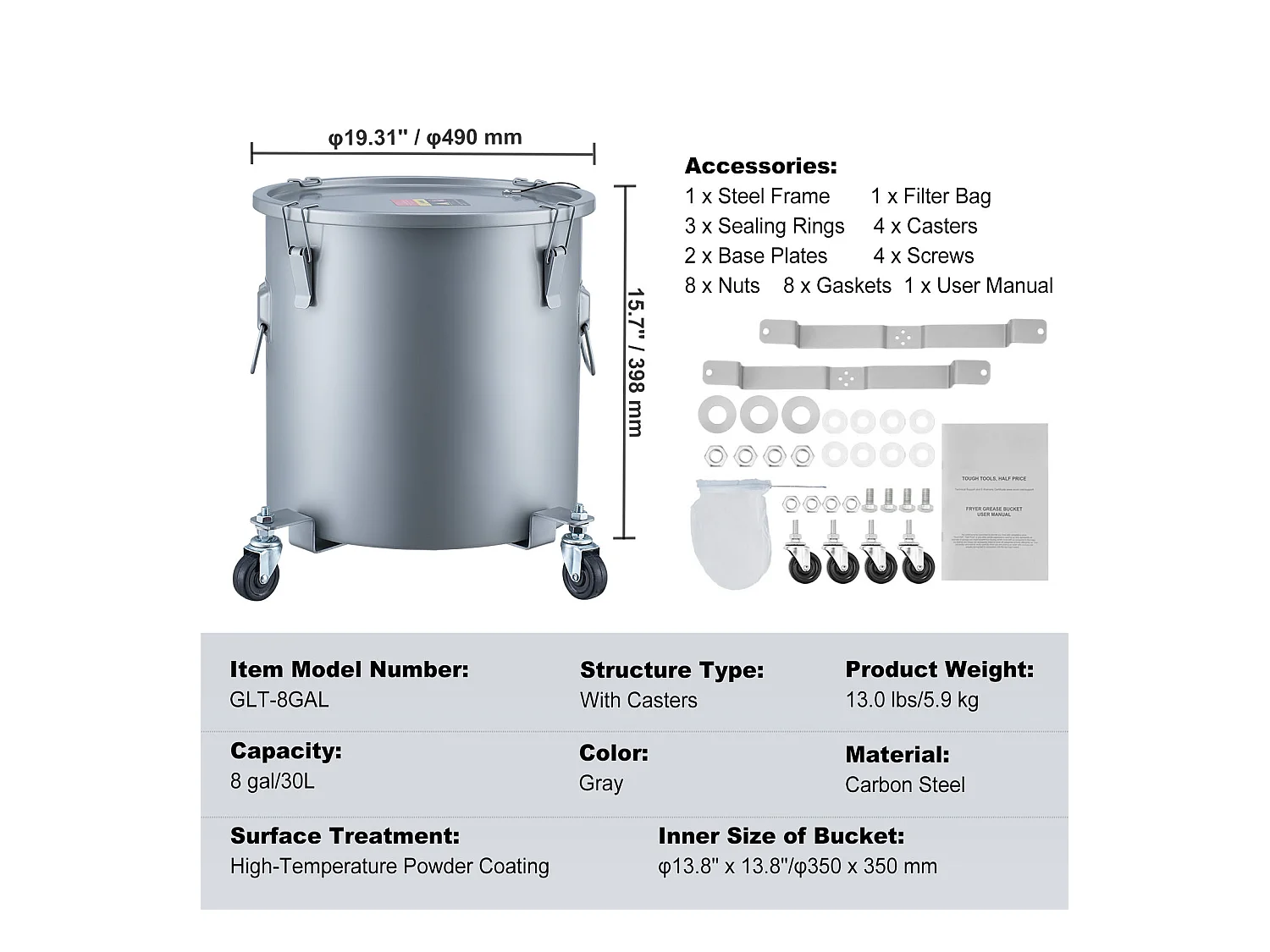 Seau à Graisse SucceBuy pour Friteuse, Bac D'élimination D'huile, 30 L avec Roulettes et sac Filtrant, Acier au Carbone avec Revêtement Antirouille