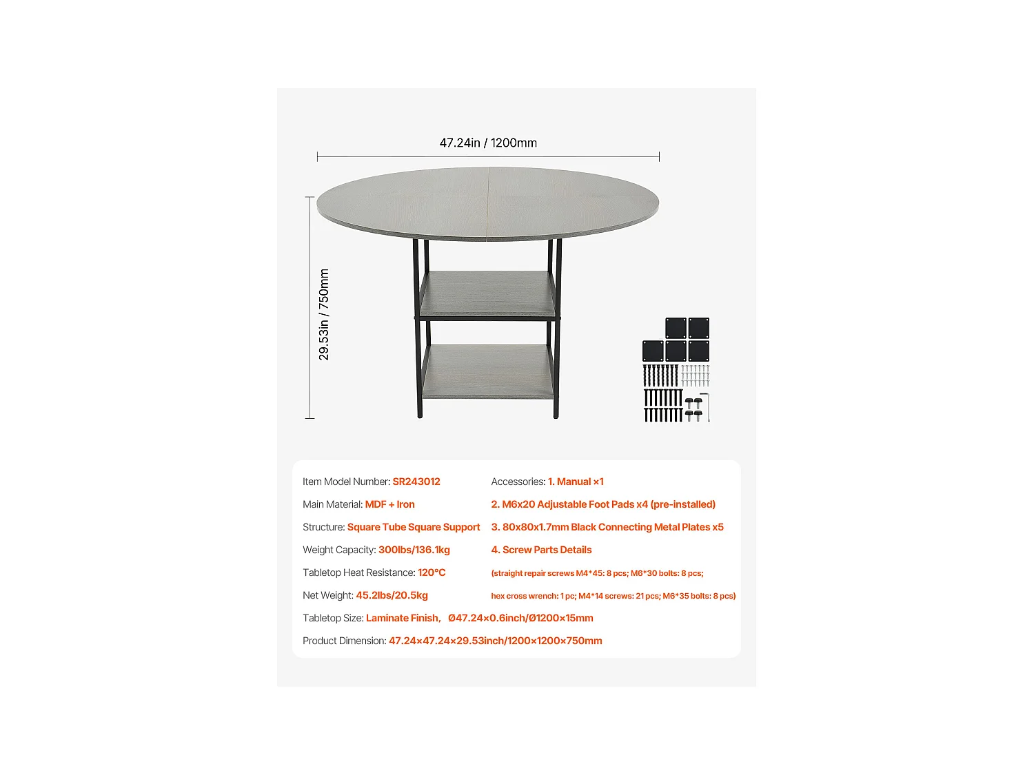 Ensemble Tafel SucceBuy Ronde Eettafel, 119 cm, Houten Eettafel voor 2-4 Personen, Modern Rond Meubel met Opbergplank en Metalen Poten, Grijs (Alleen Tafel)