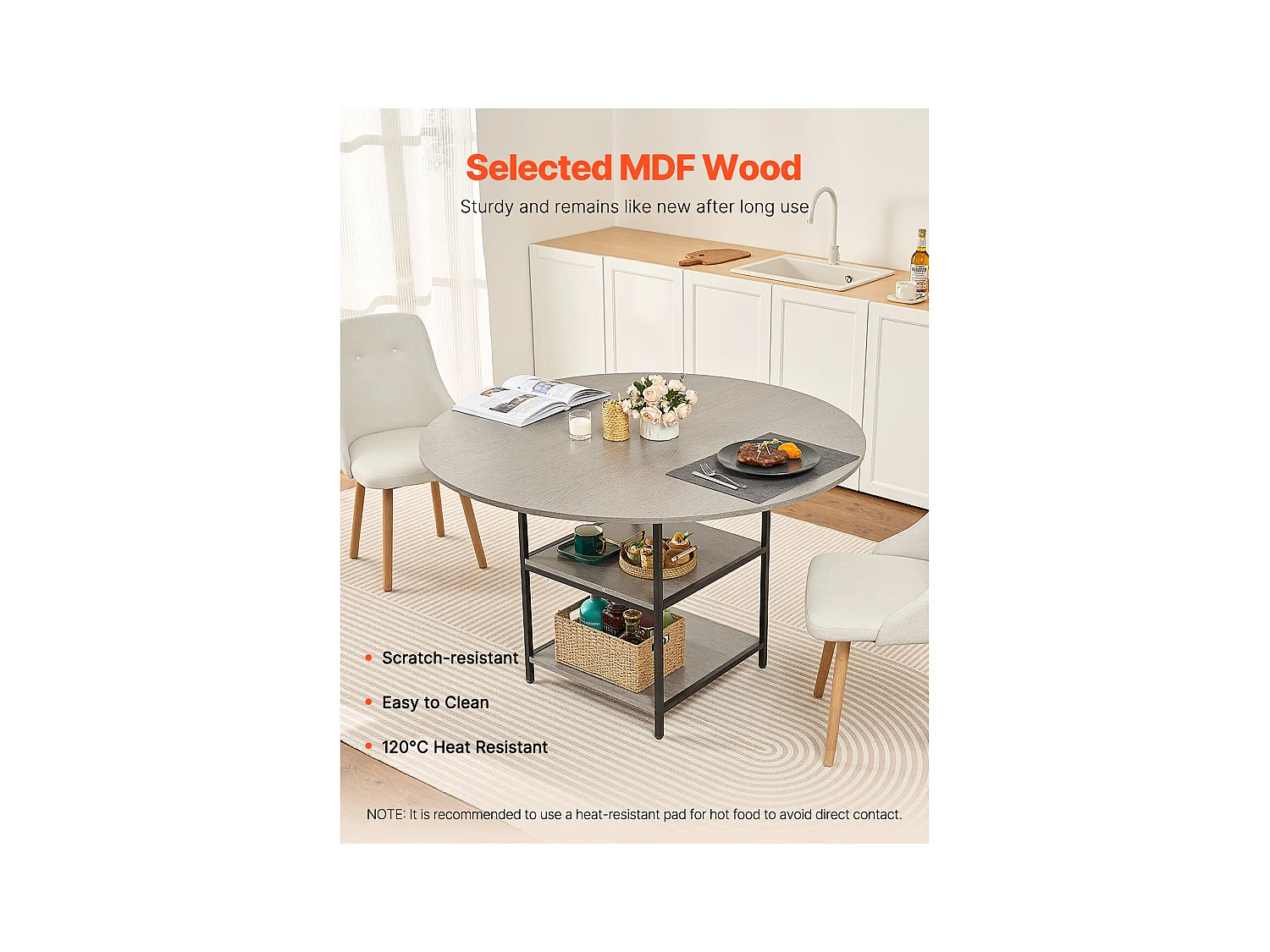 Ensemble Tafel SucceBuy Ronde Eettafel, 119 cm, Houten Eettafel voor 2-4 Personen, Modern Rond Meubel met Opbergplank en Metalen Poten, Grijs (Alleen Tafel)