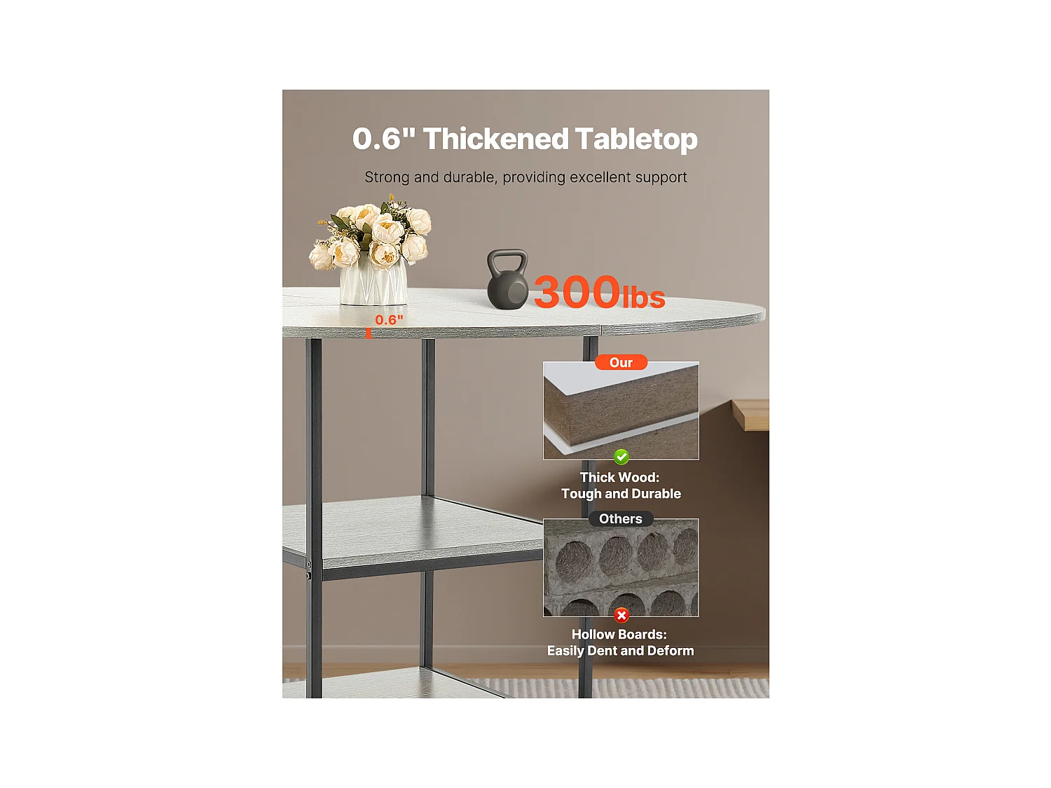 Ensemble Tafel SucceBuy Ronde Eettafel, 119 cm, Houten Eettafel voor 2-4 Personen, Modern Rond Meubel met Opbergplank en Metalen Poten, Grijs (Alleen Tafel)