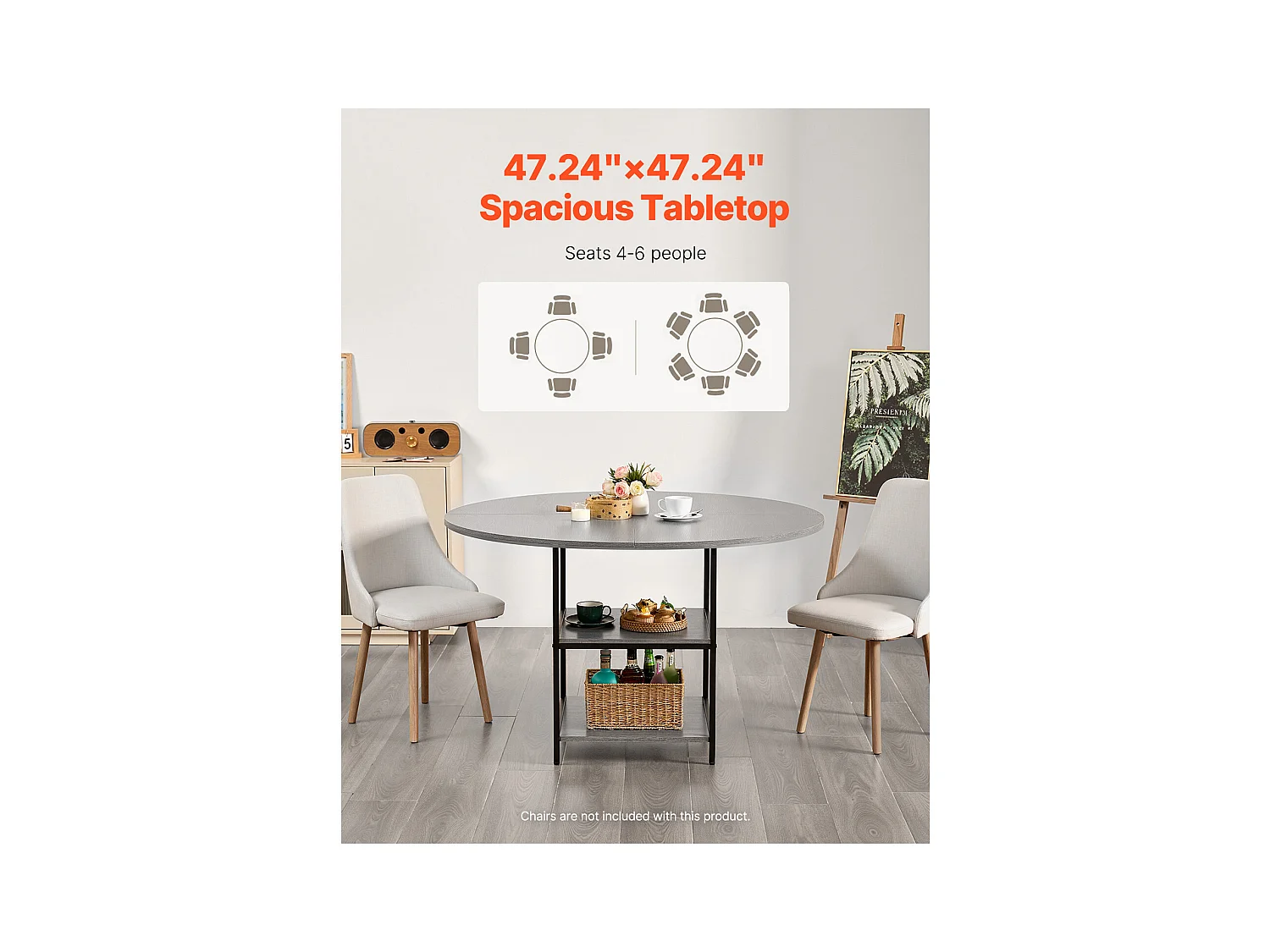 Ensemble Tafel SucceBuy Ronde Eettafel, 119 cm, Houten Eettafel voor 2-4 Personen, Modern Rond Meubel met Opbergplank en Metalen Poten, Grijs (Alleen Tafel)