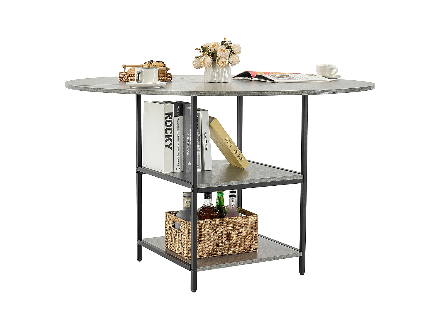 Ensemble Tafel SucceBuy Ronde Eettafel, 119 cm, Houten Eettafel voor 2-4 Personen, Modern Rond Meubel met Opbergplank en Metalen Poten, Grijs (Alleen Tafel)