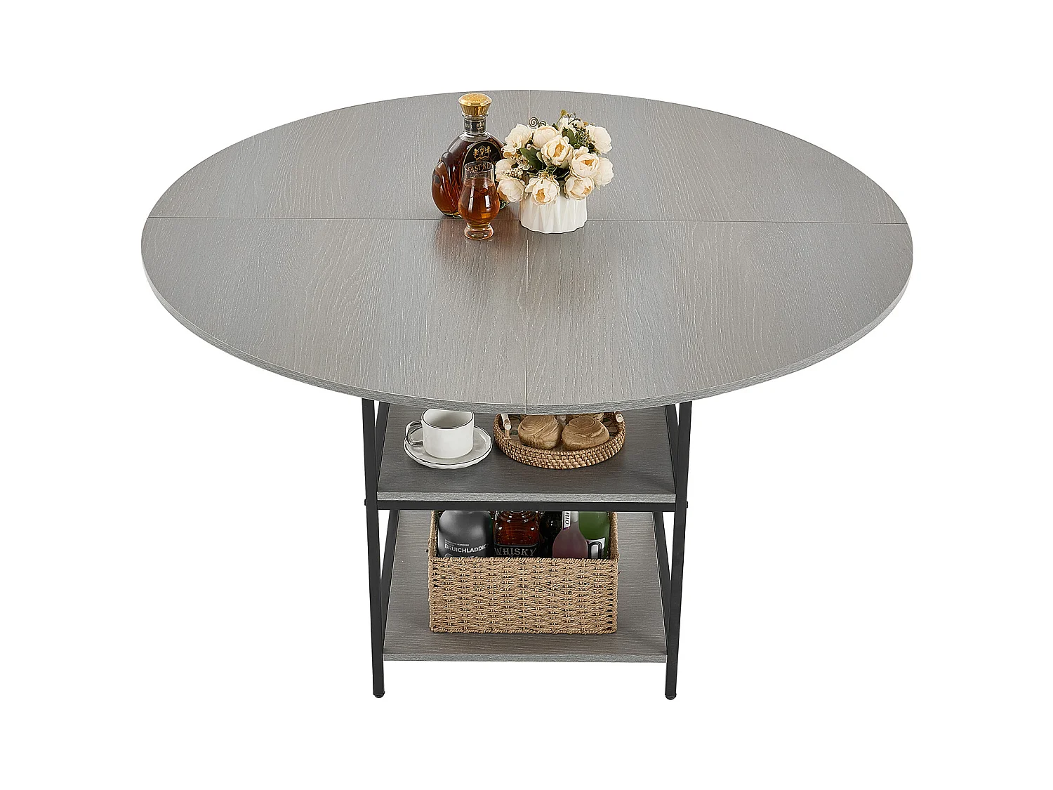 Ensemble Tafel SucceBuy Ronde Eettafel, 119 cm, Houten Eettafel voor 2-4 Personen, Modern Rond Meubel met Opbergplank en Metalen Poten, Grijs (Alleen Tafel)
